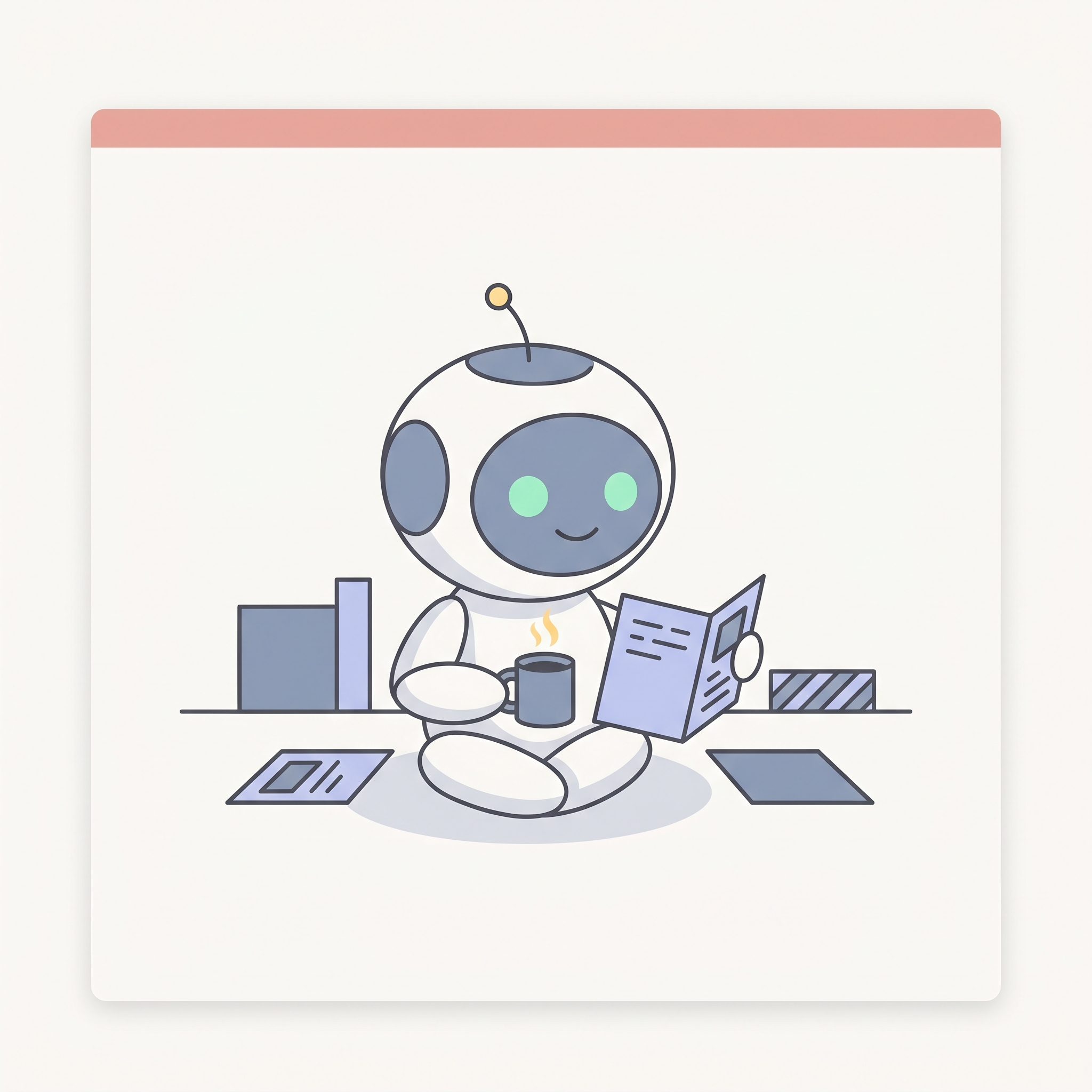 Pip with a coffee mug and a briefing card, morning feel.