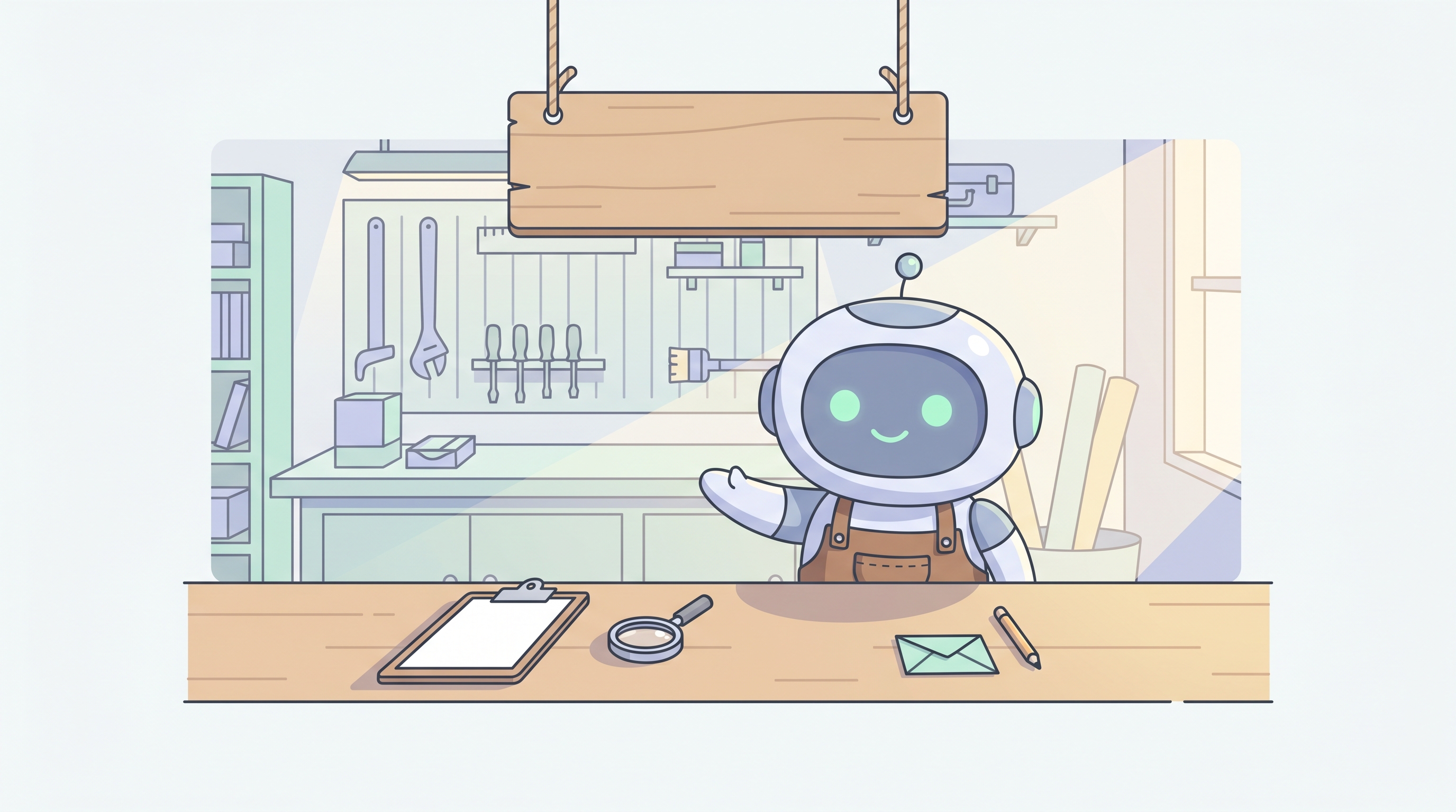 Pip the friendly round robot stands at a tidy wooden workbench in a small leather apron, smiling and welcoming the reader. On the bench: a clipboard, a magnifying glass, a small mint envelope, a pencil.