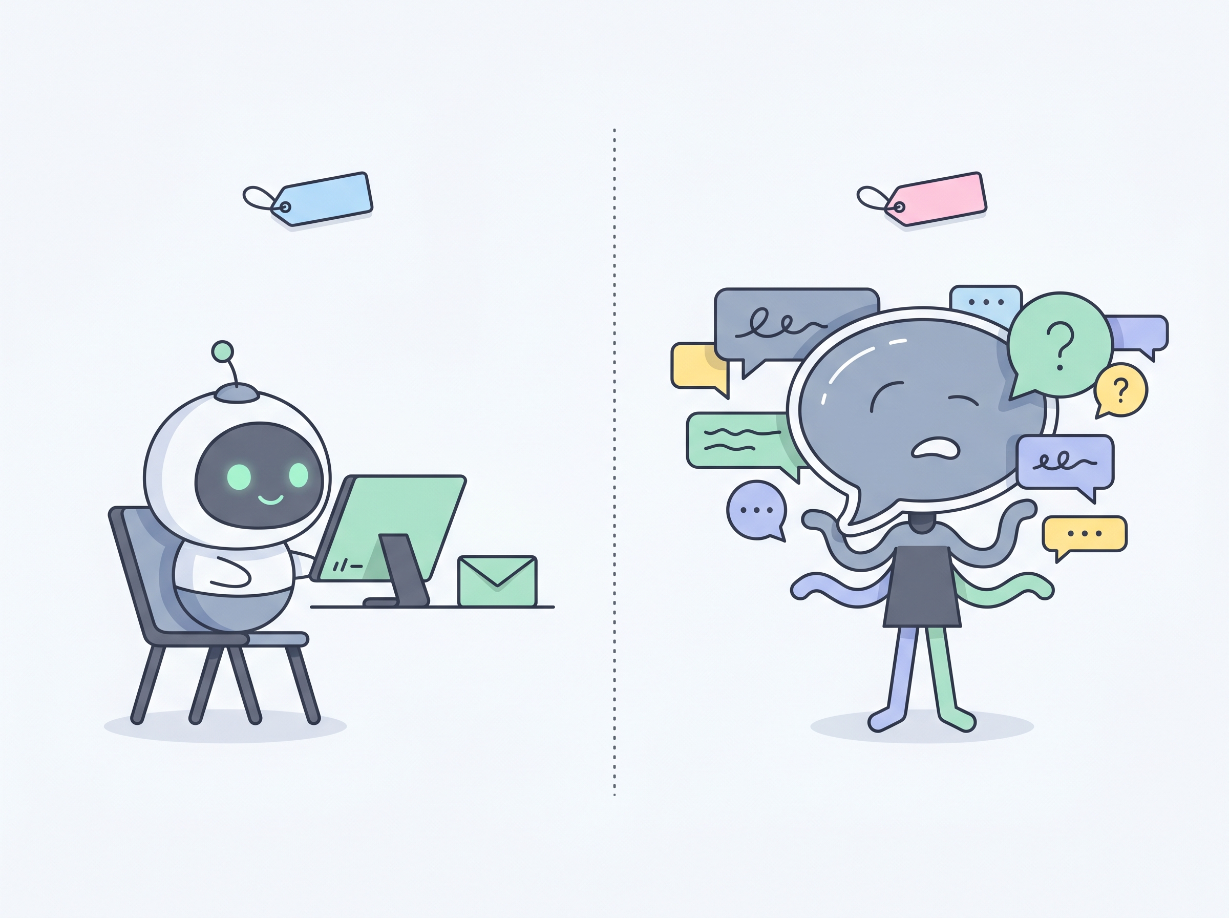 Side by side: Pip working calmly alone at a small monitor with a single output, contrasted with a chat-bubble-headed character surrounded by many overlapping chat bubbles, looking overwhelmed.
