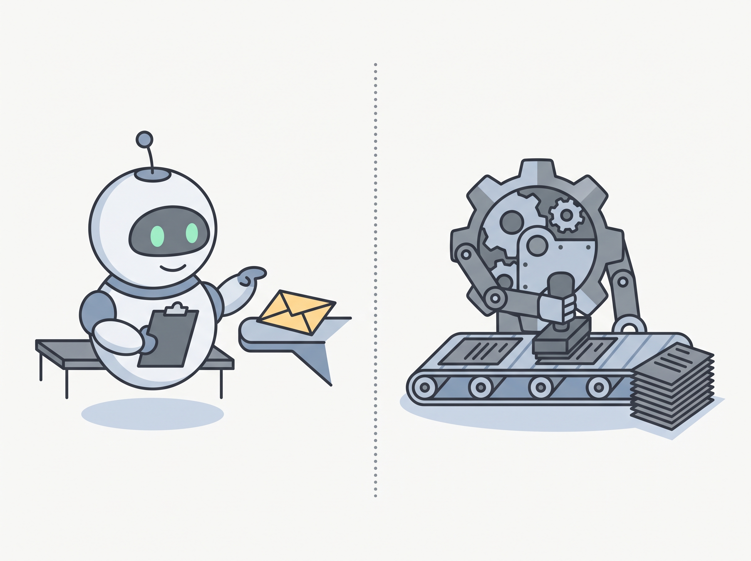Side by side: Pip thoughtfully considering a single envelope on its workbench, contrasted with a faceless gear-robot mechanically stamping documents on a conveyor belt.