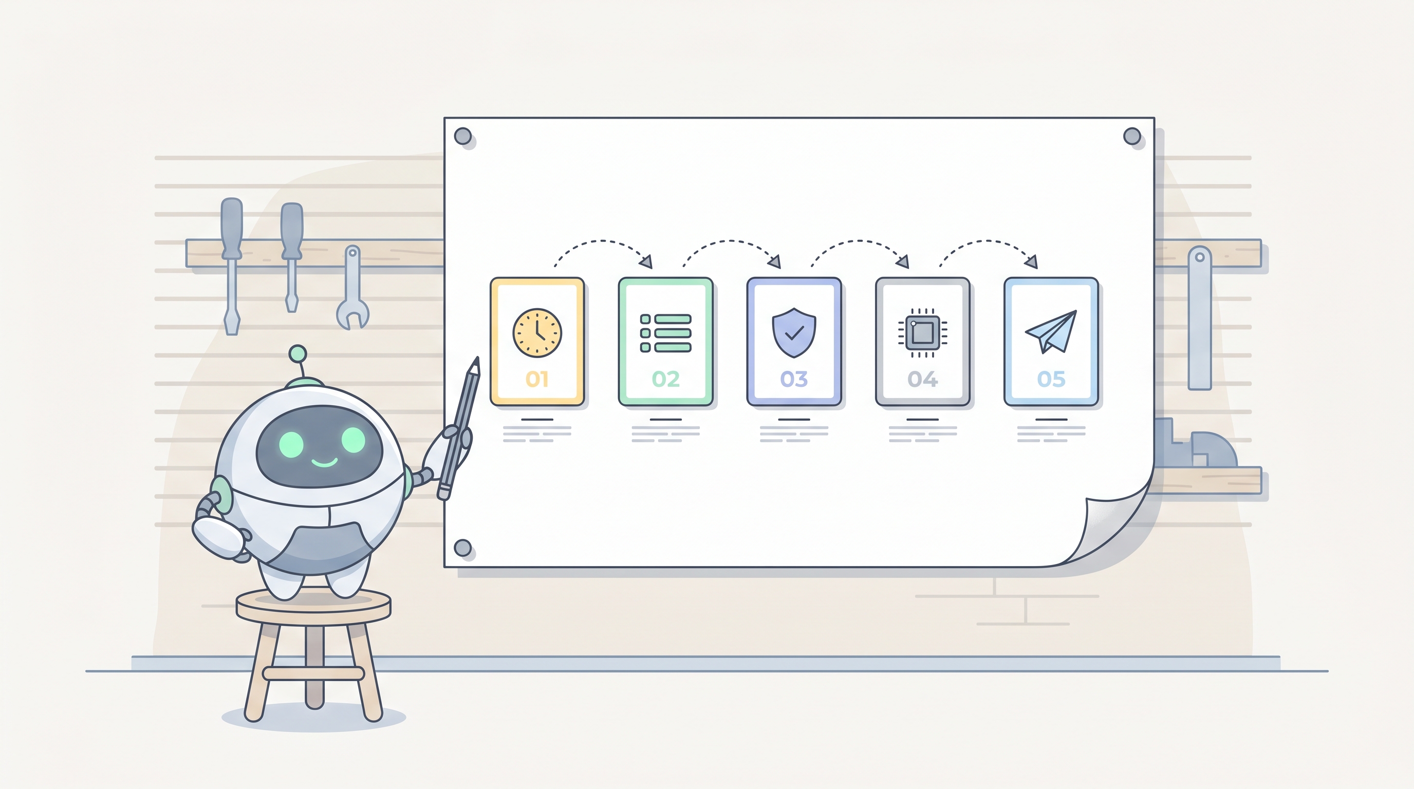 A workshop wall with a large poster pinned to it. The poster shows five small labelled cards in a row: 01 Trigger (clock), 02 Read (lines), 03 Guard (shield), 04 Compute (chip), 05 Post (paper airplane). Pip stands on a stool pointing at the poster.