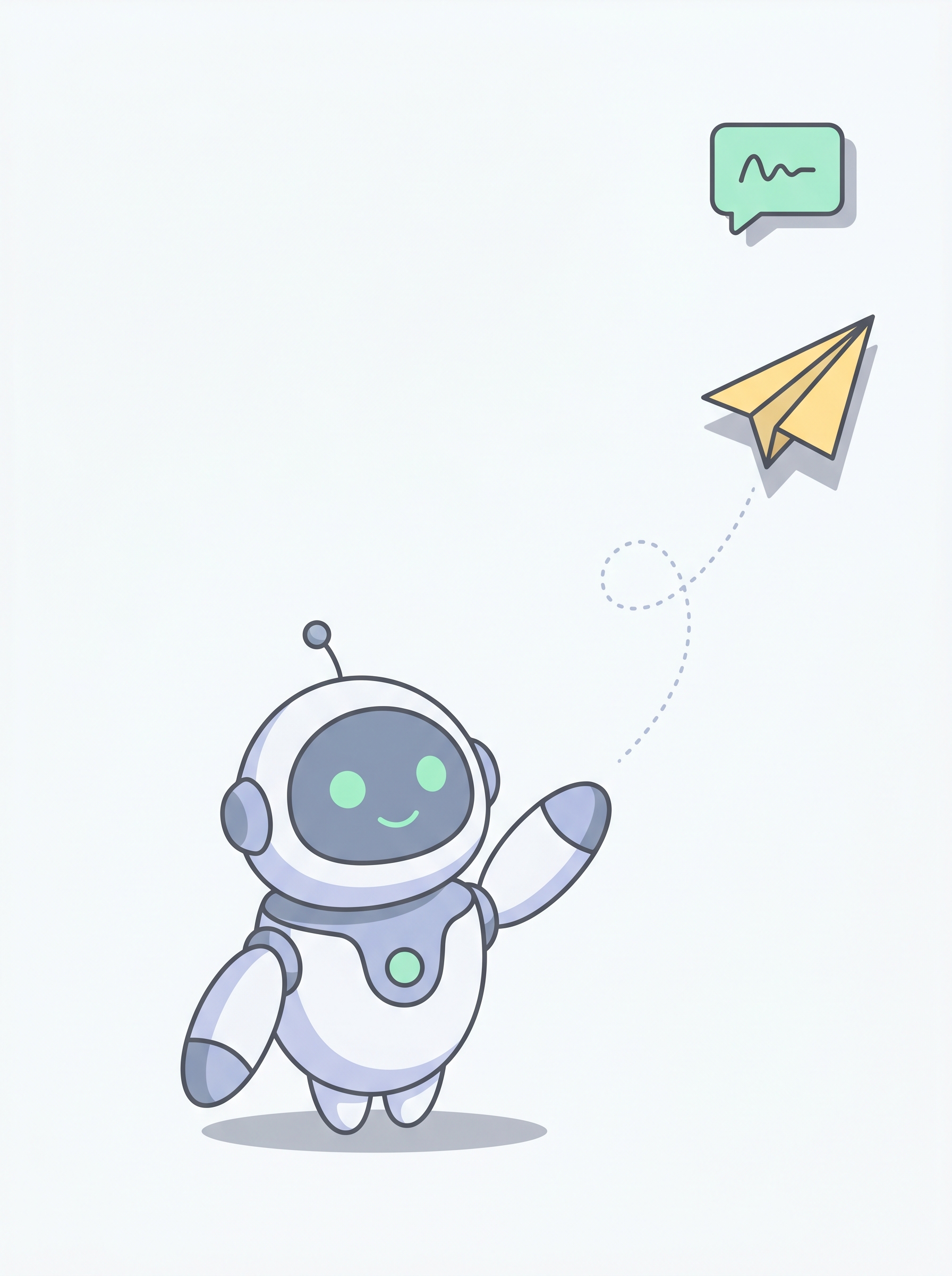 Pip releasing a paper airplane toward a small chat bubble.