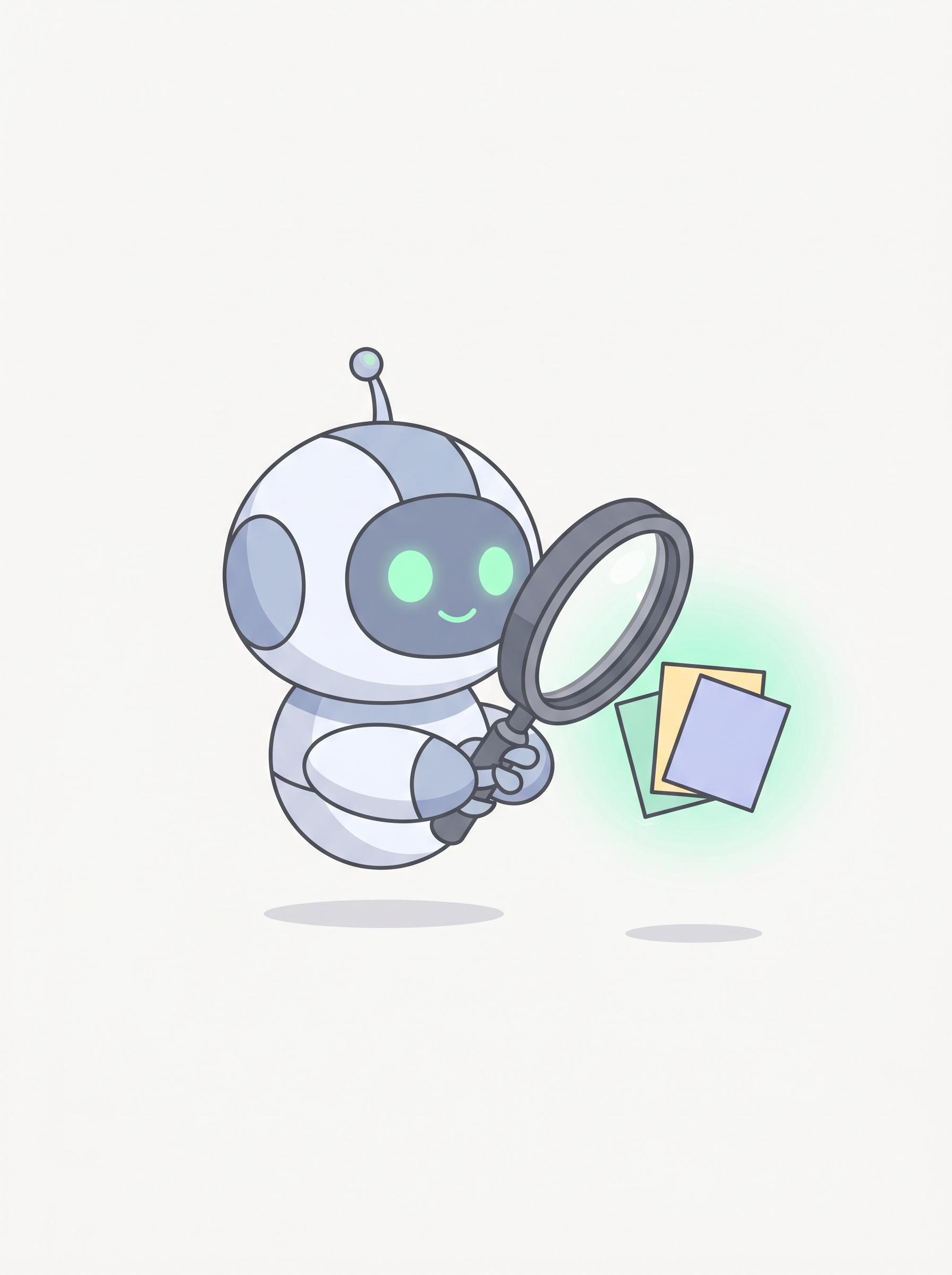 Pip holding a magnifying glass over a small stack of pastel papers.