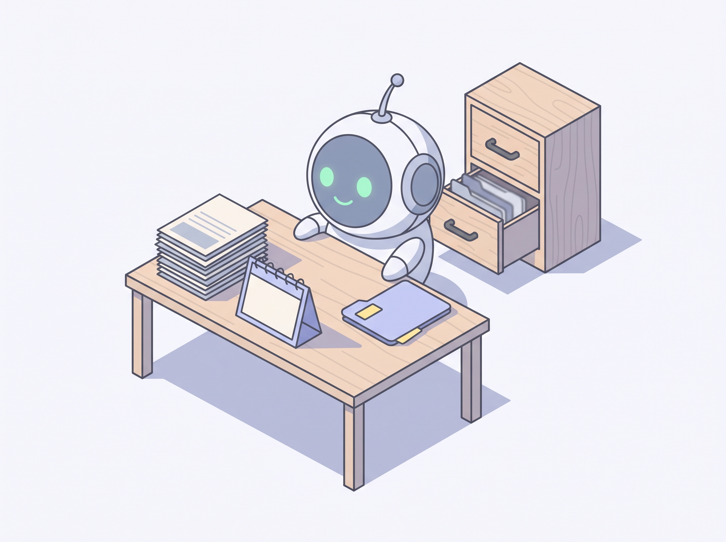 Pip at a wooden desk organising papers next to a small filing cabinet.