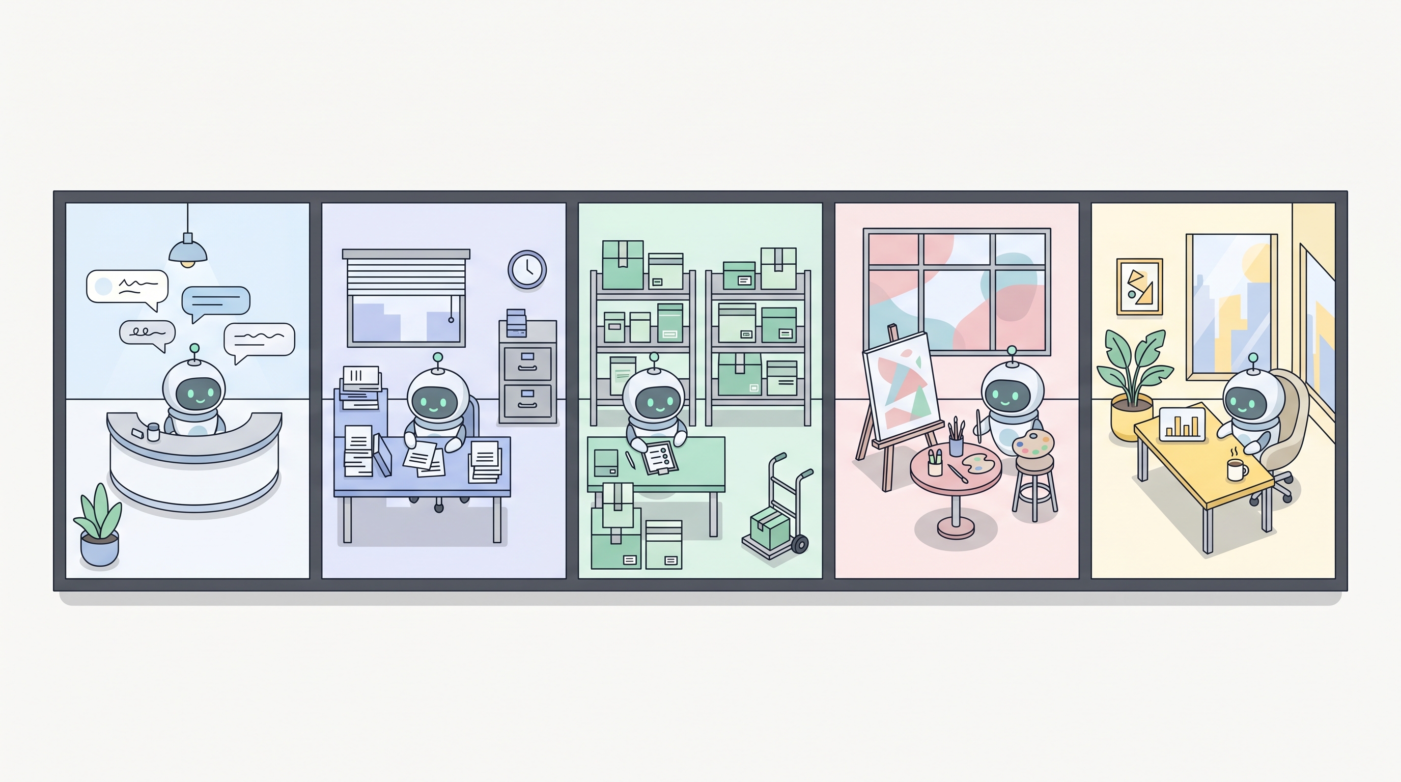 A bird's-eye view of a small business interior. Five rooms in a row, each with a Pip at a desk: reception, back office, stockroom, studio, corner office.