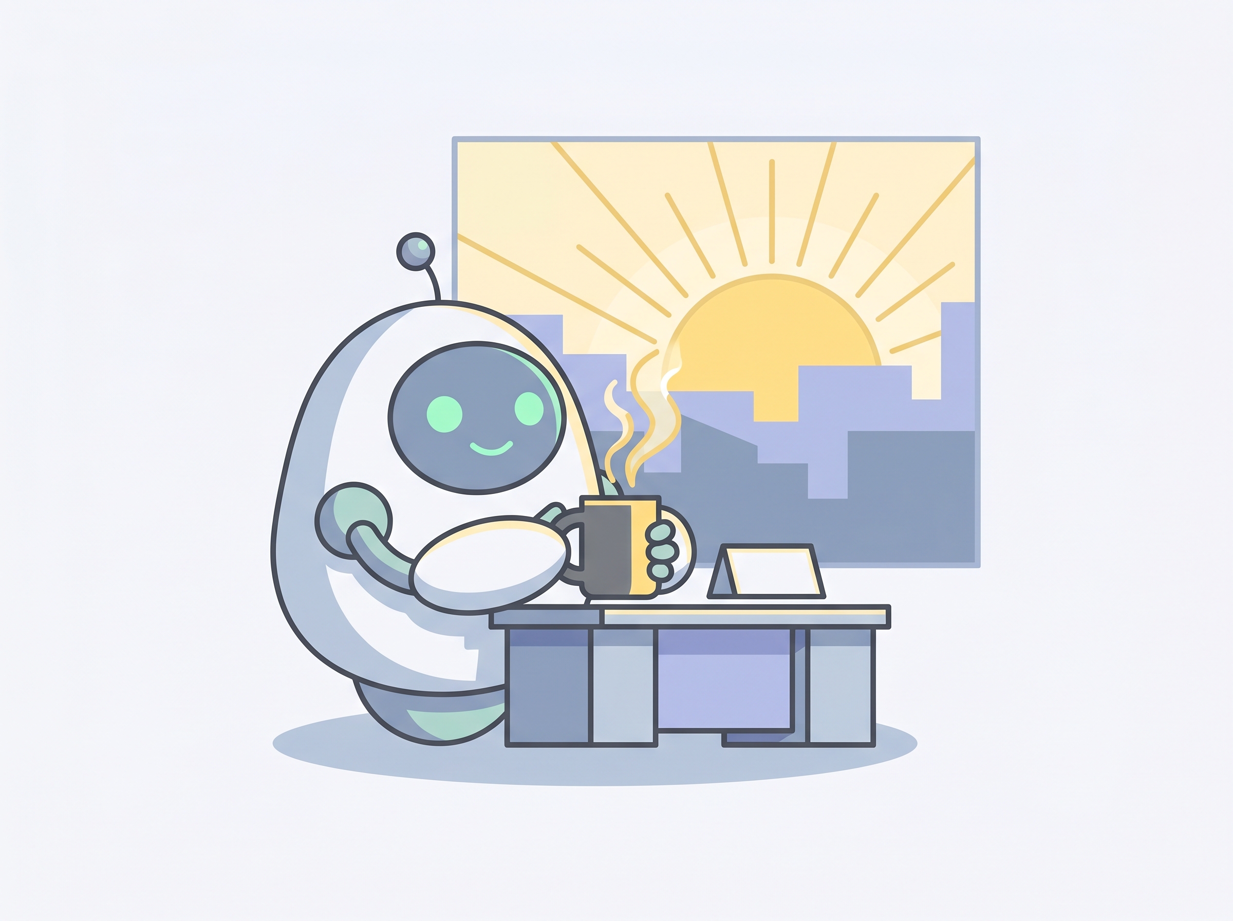Pip at a small executive desk with a coffee mug and a briefing card.
