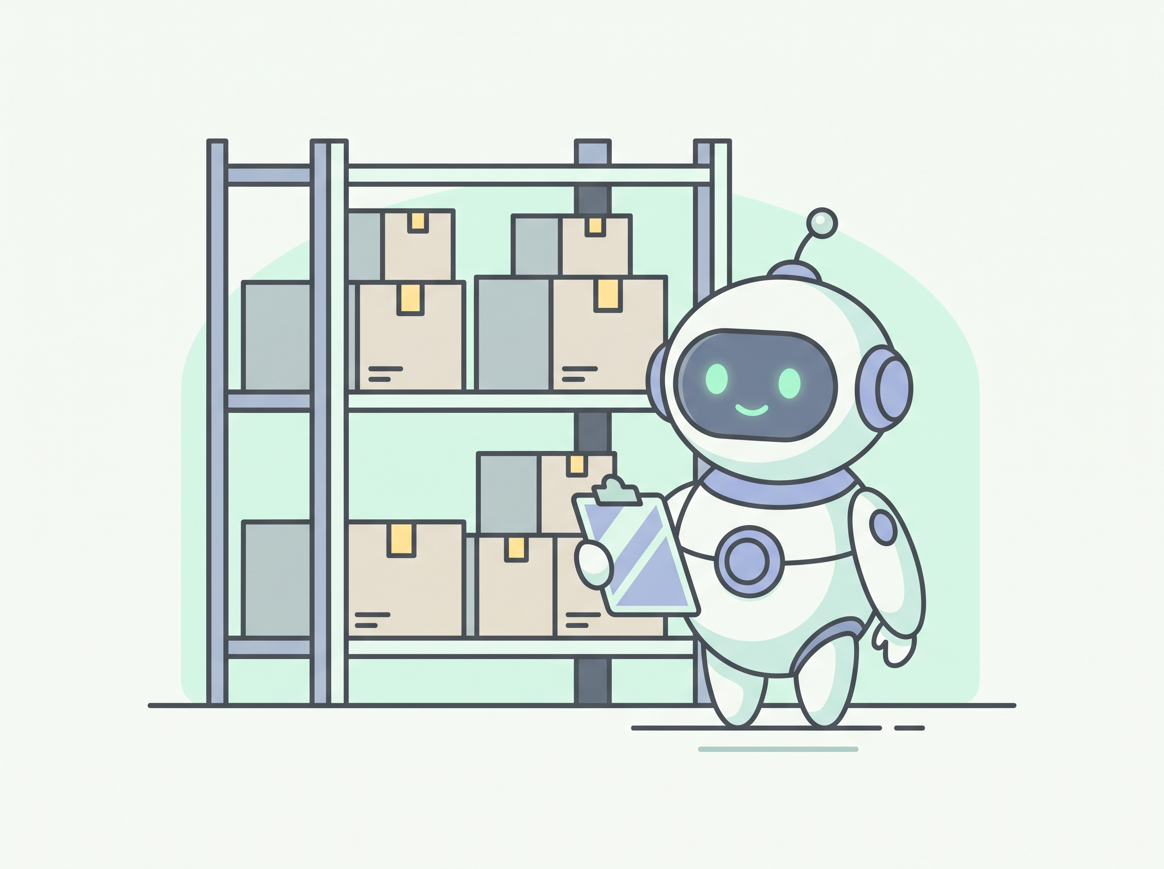 Pip with a clipboard in front of a small warehouse shelf with boxes.