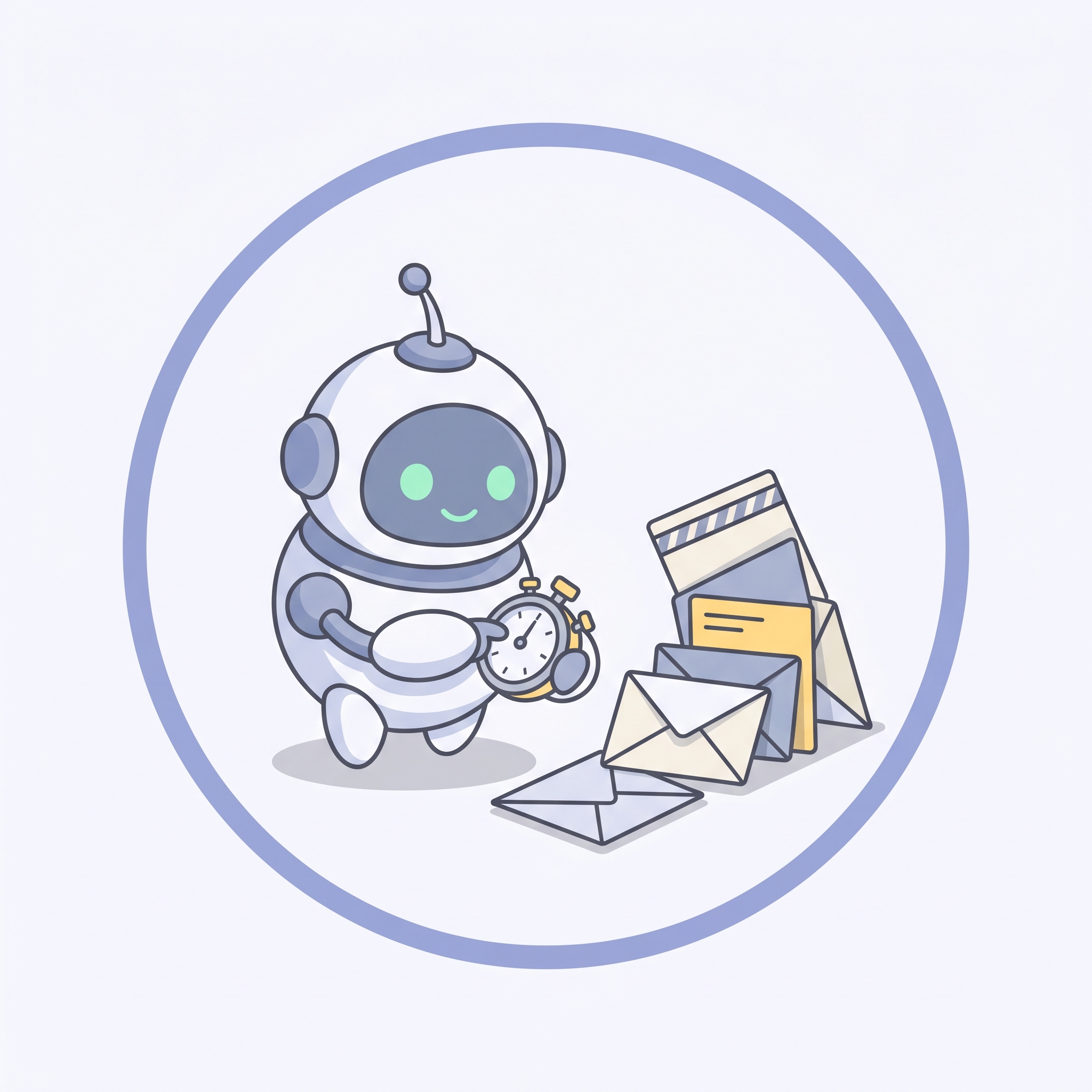 Pip resetting a stopwatch beside a fallen stack of envelopes.
