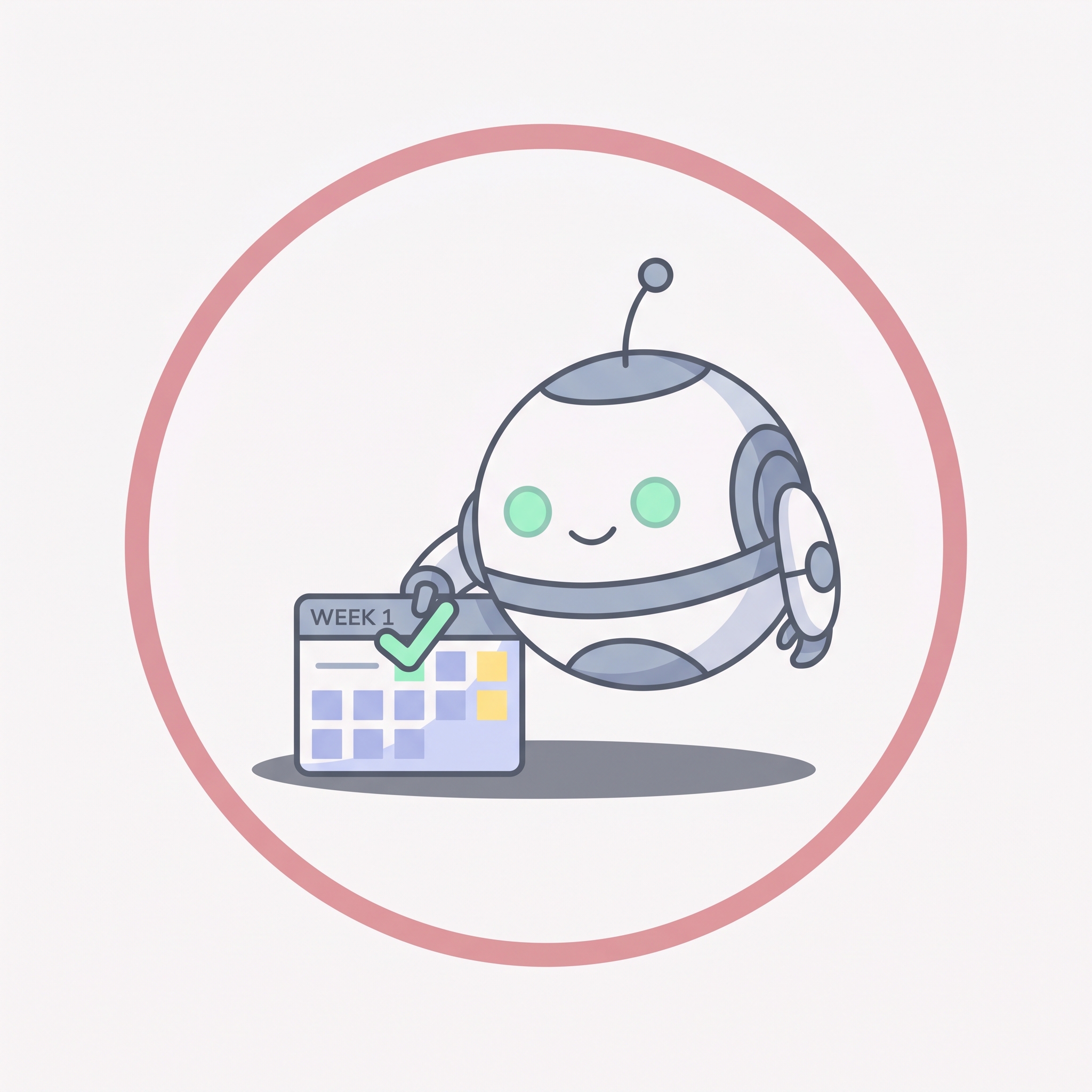 Pip placing a mint checkmark on a week-1 calendar.