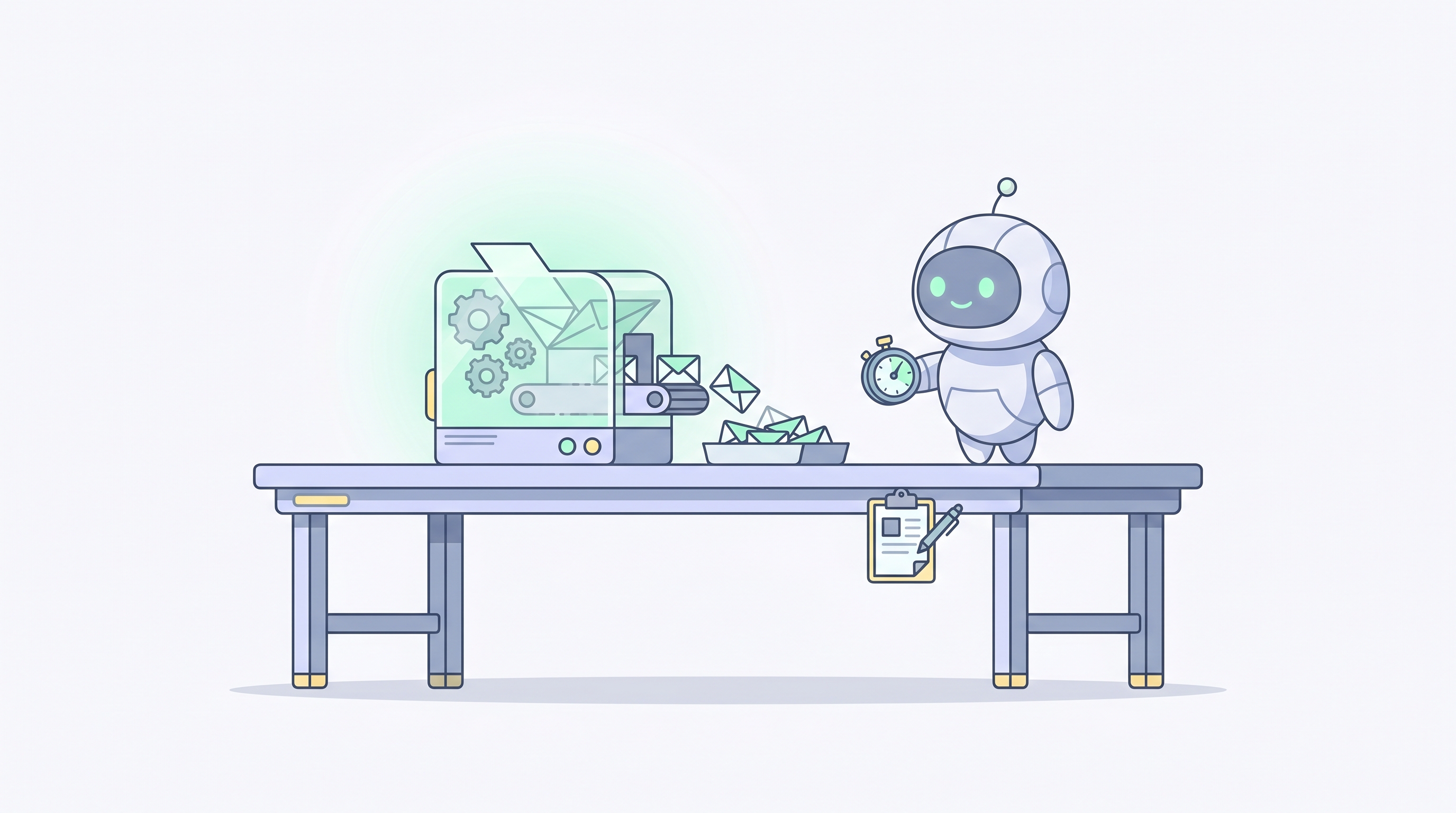 Pip at a workshop test bench beside a small glowing envelope-machine, holding a stopwatch and observing.