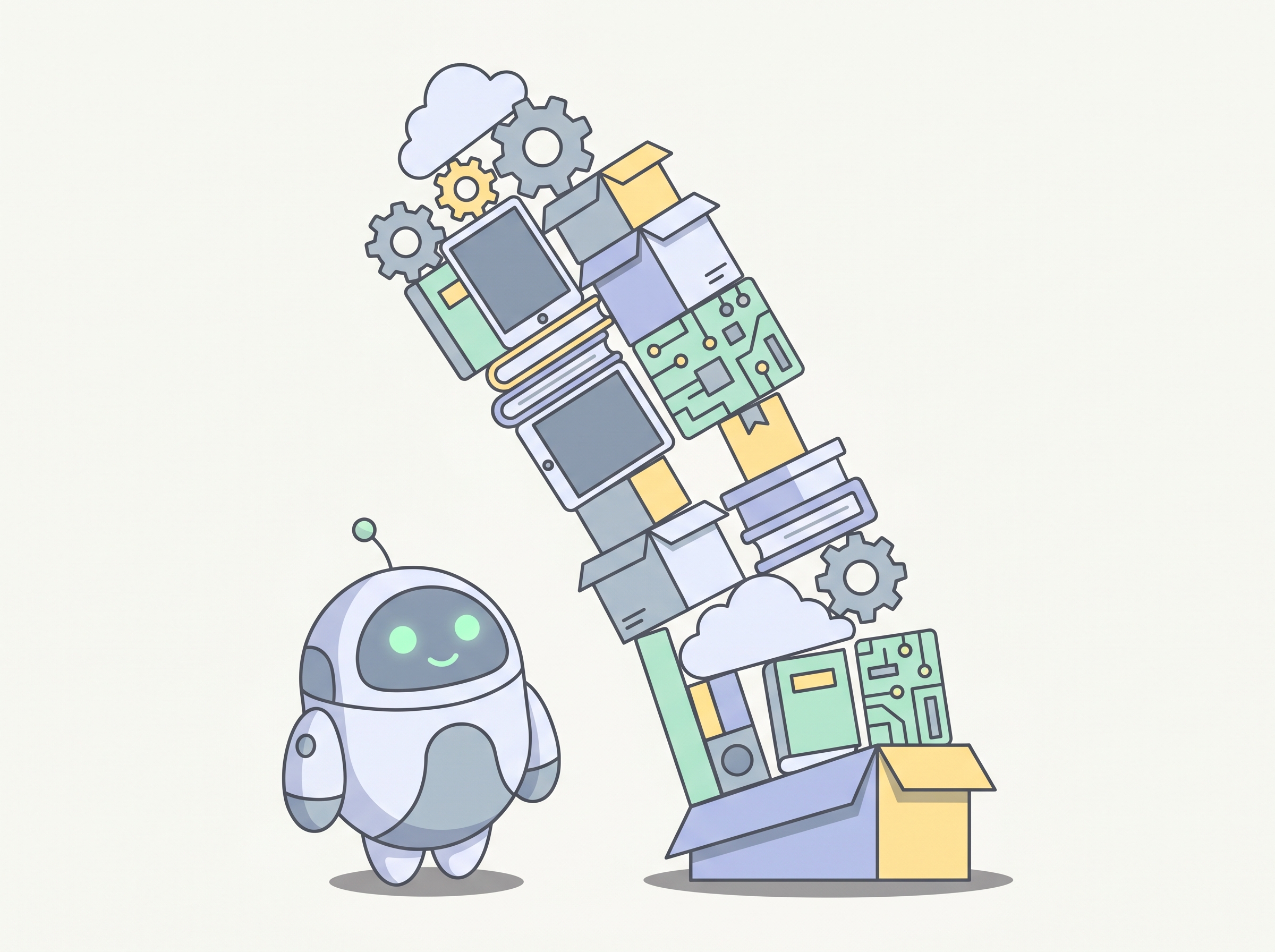 Pip looking up at a tall messy tower about to topple.