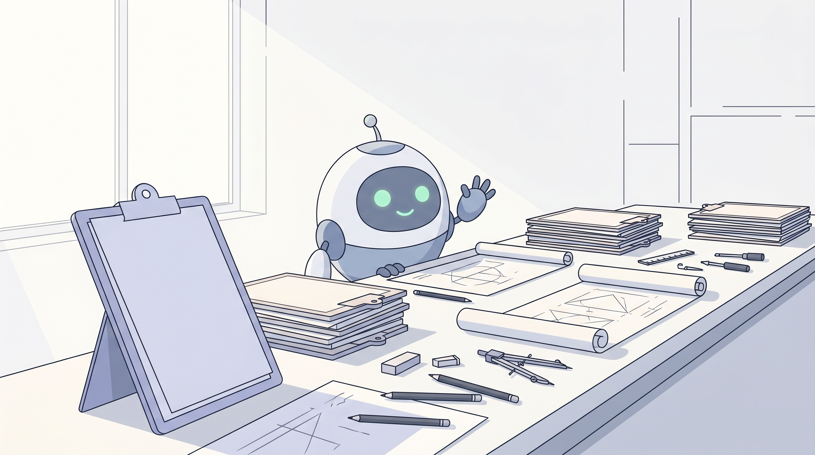 Pip at a wide spec bench covered in clipboards and pencils, gesturing welcomingly at an empty clipboard in front.