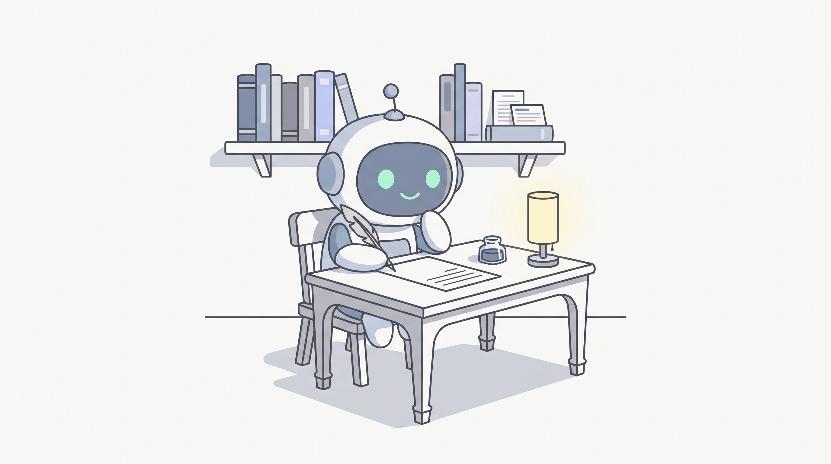 Pip at an old-fashioned writing desk with an inkwell and a quill pencil, a neat blank page in front, looking thoughtful.