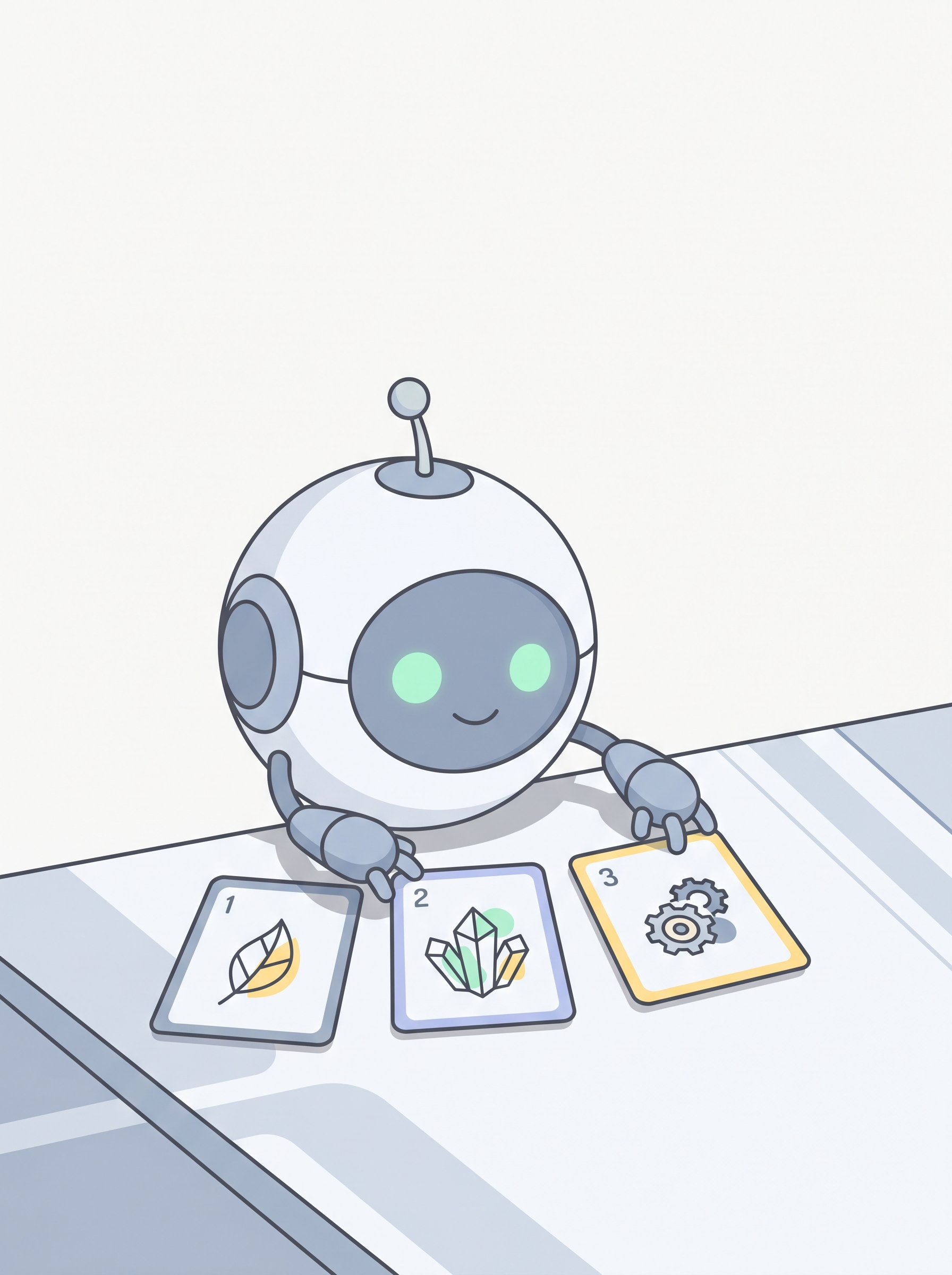 Pip arranging three small specimen cards on a tabletop.