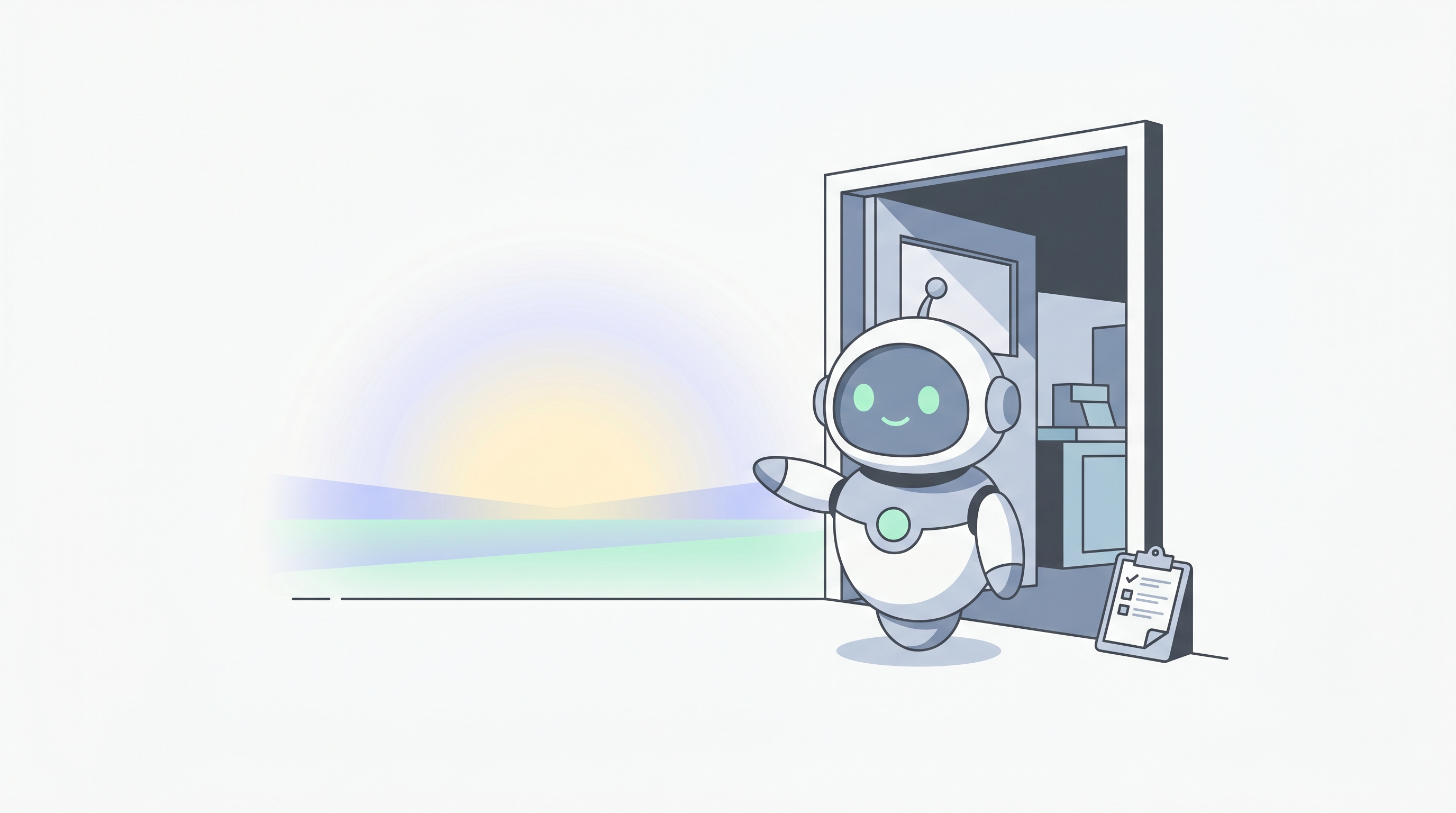 Pip standing at the workshop's open back door, gesturing the reader out into a soft sunrise.