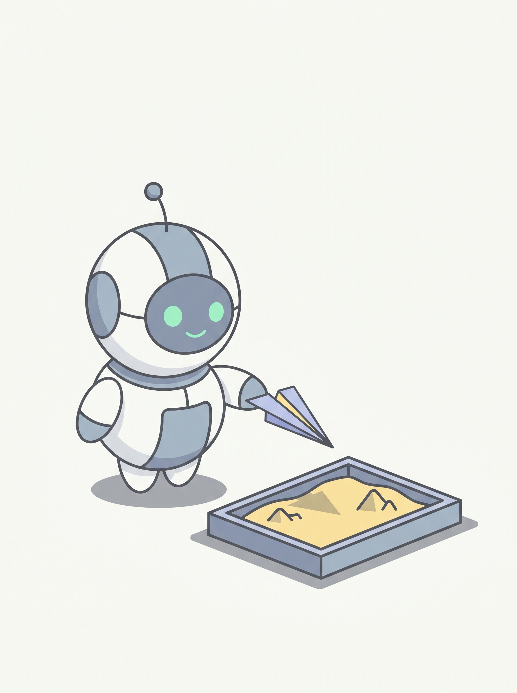 Pip releasing a paper airplane that lands in a small sandbox tray.