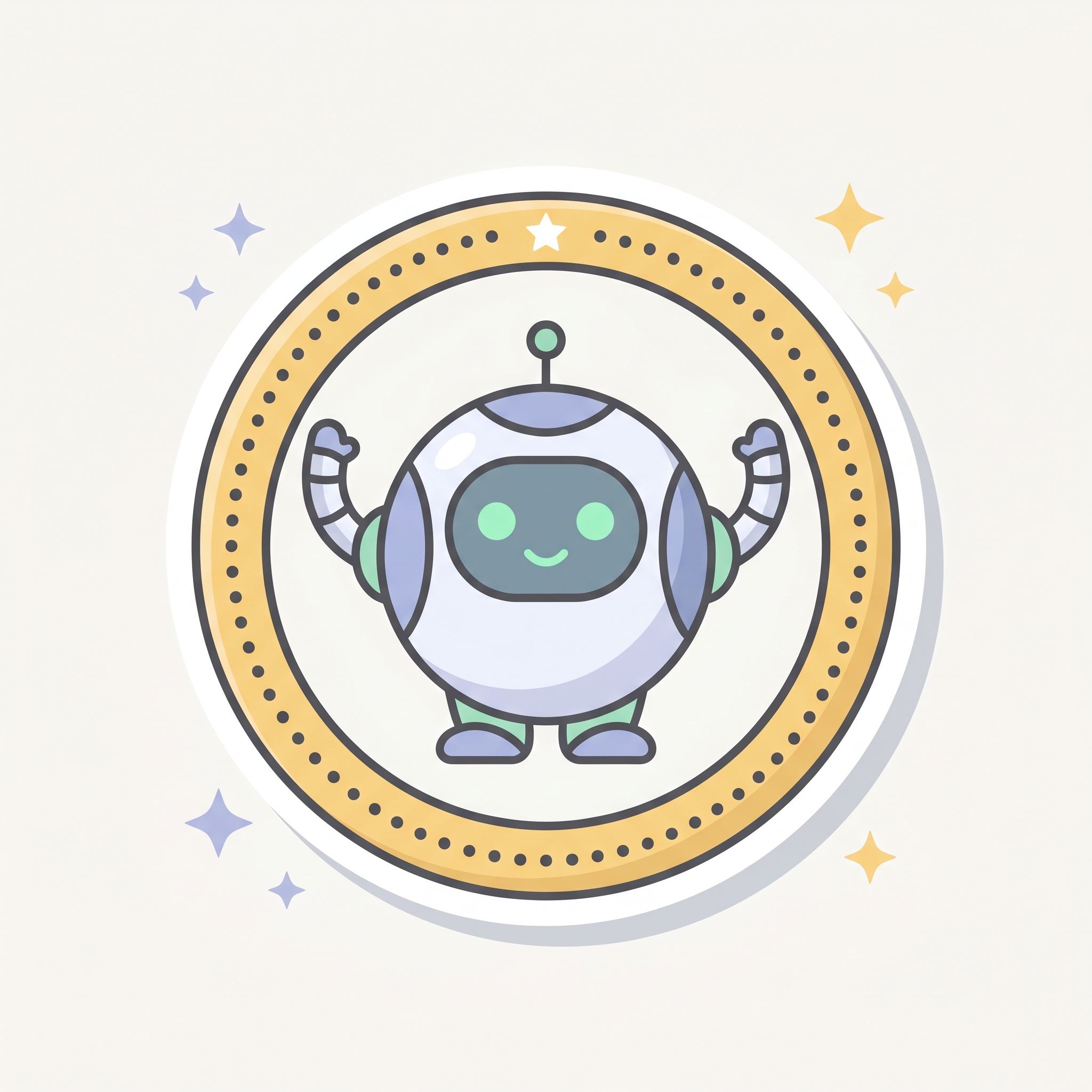 Agent Builder sticker — Pip with arms raised in quiet triumph, gold double-ring border, the final and grandest sticker.