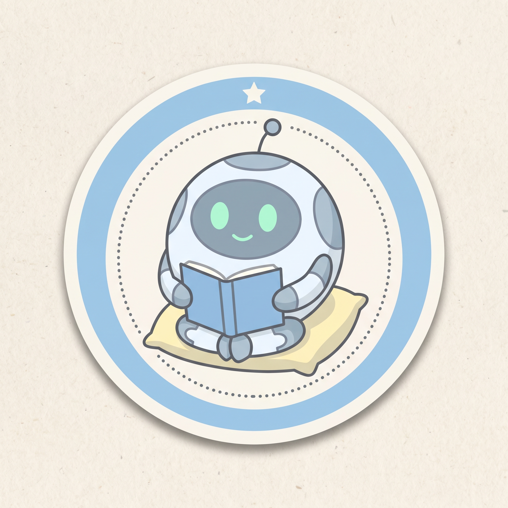 A circular souvenir sticker showing Pip reading an open book, in a soft blue ring with a small white star at the top.