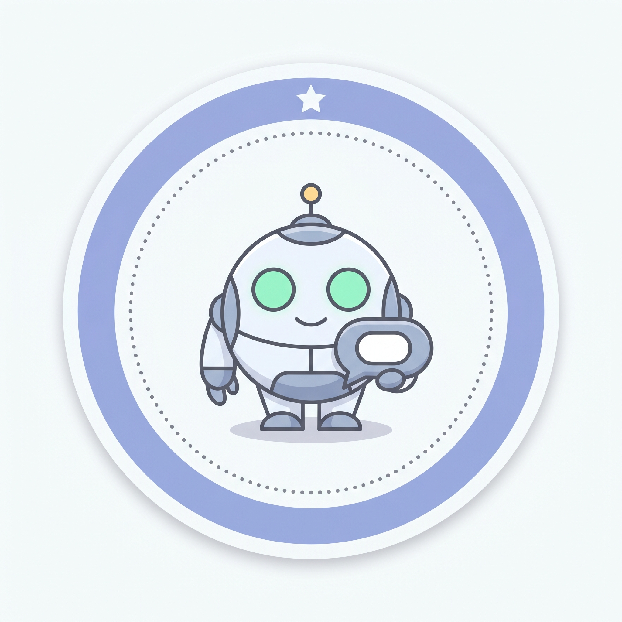 Voice Coach sticker — Pip holding a small speech bubble icon in a periwinkle ring.