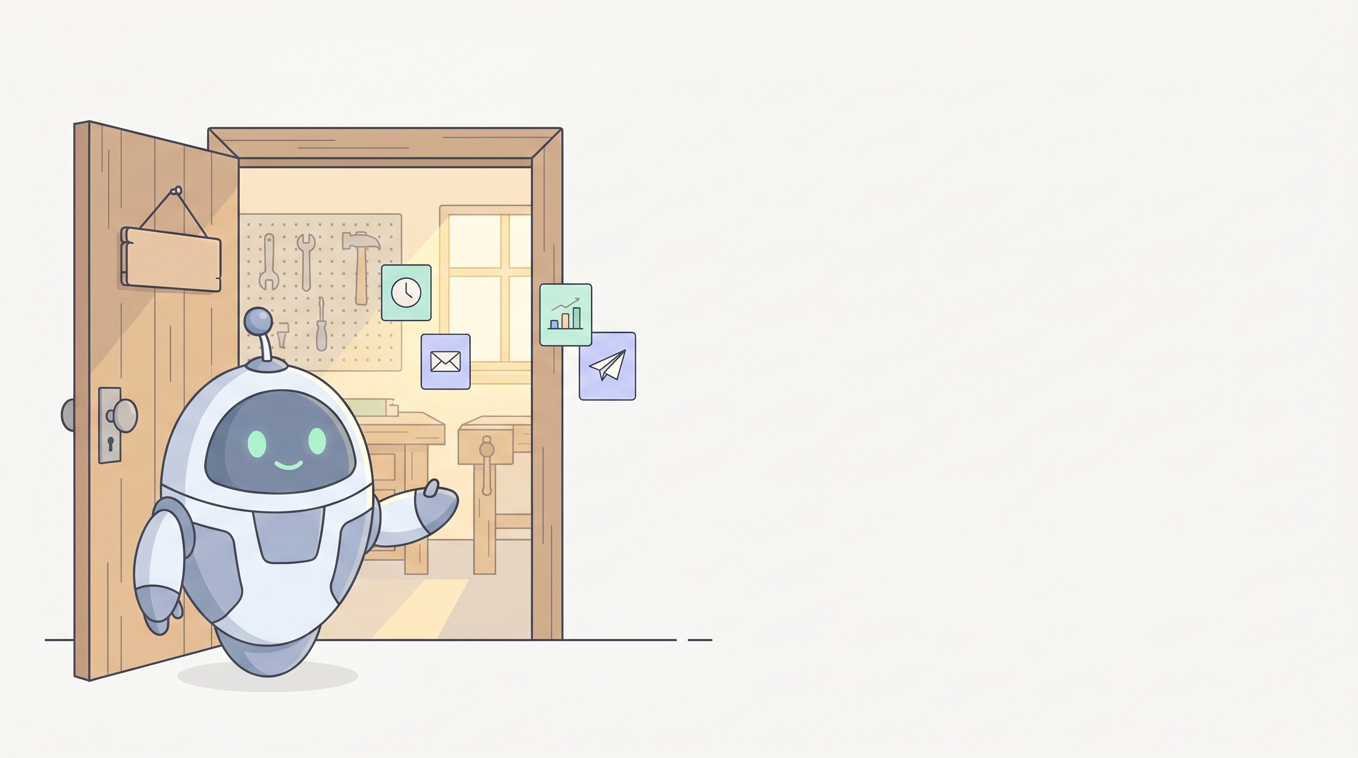 Pip the friendly round robot stands in an open workshop doorway, waving the reader in. Inside, a charming small workshop with wooden benches, tools on a pegboard, and small pastel pattern cards drifting through the warm light.