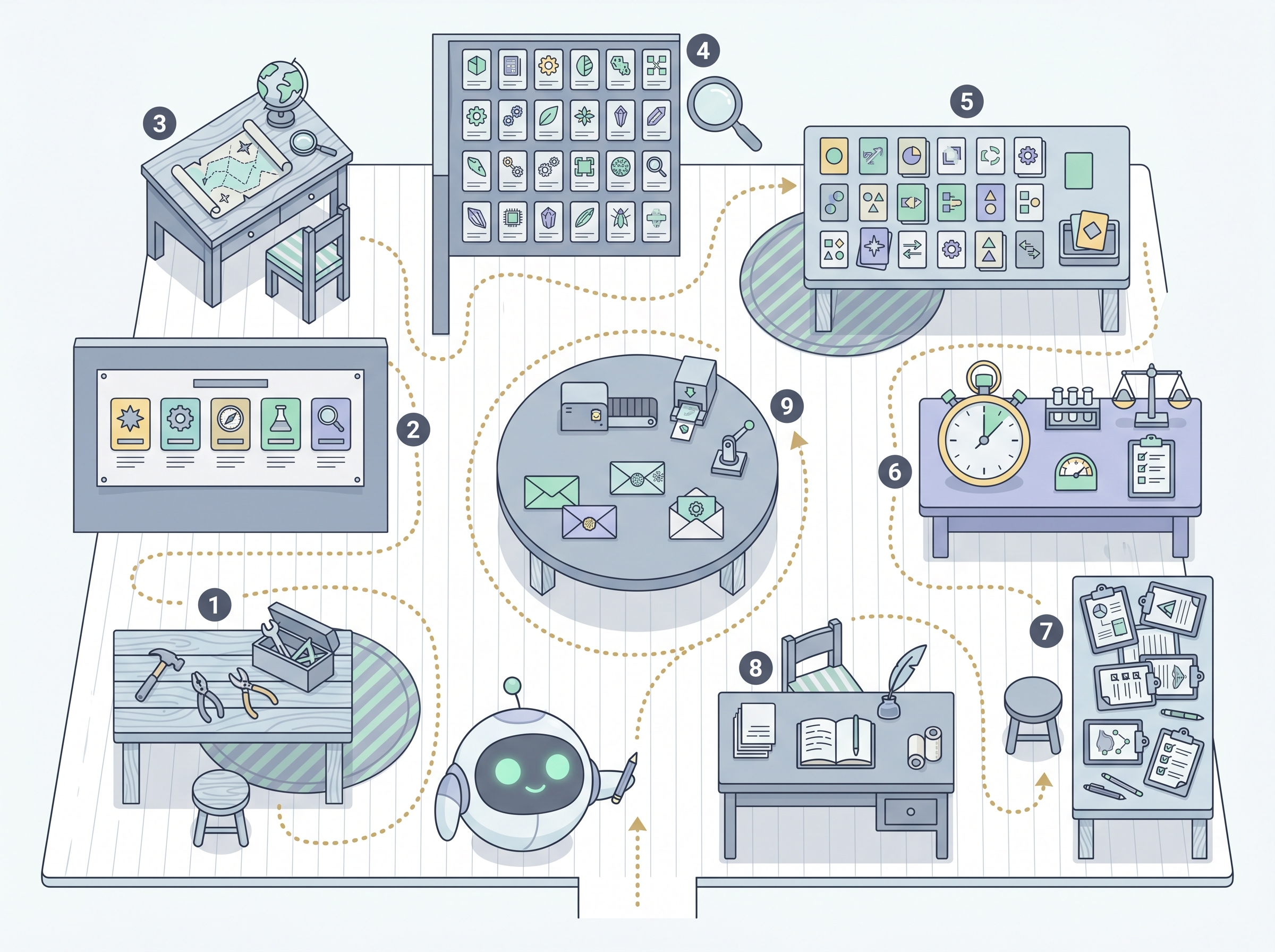 A top-down illustrated map of the workshop showing all nine stations connected by a winding dotted path. Pip stands at the entrance, pointing along the path.