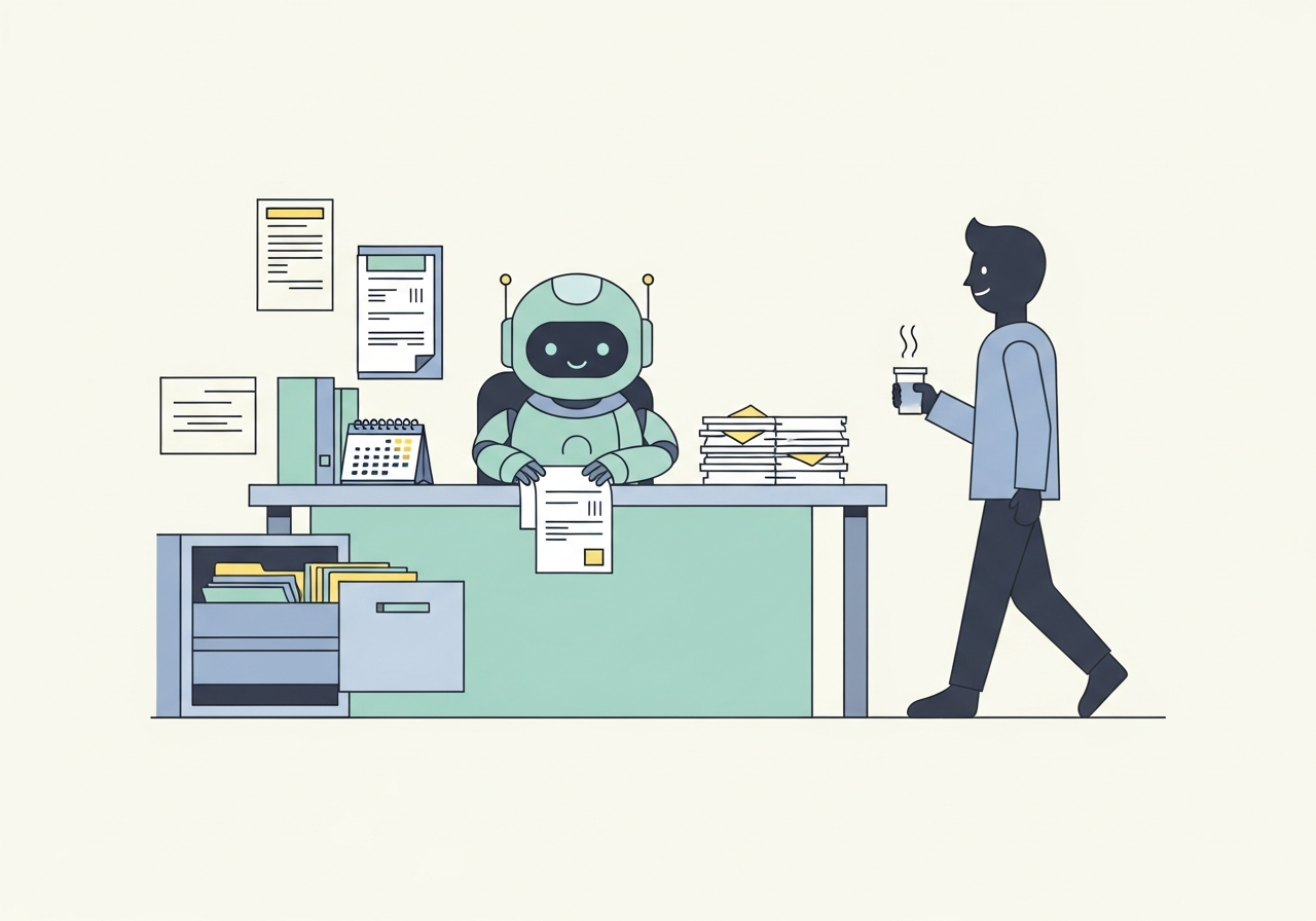 An illustrated robot assistant organising invoices and a calendar into neat stacks on a desk.