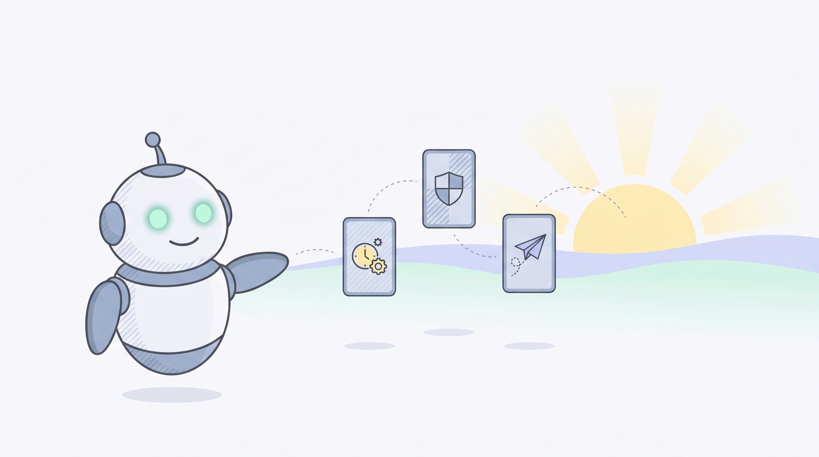 The friendly robot pointing toward a soft horizon with a rising sun and three small pattern cards floating between.