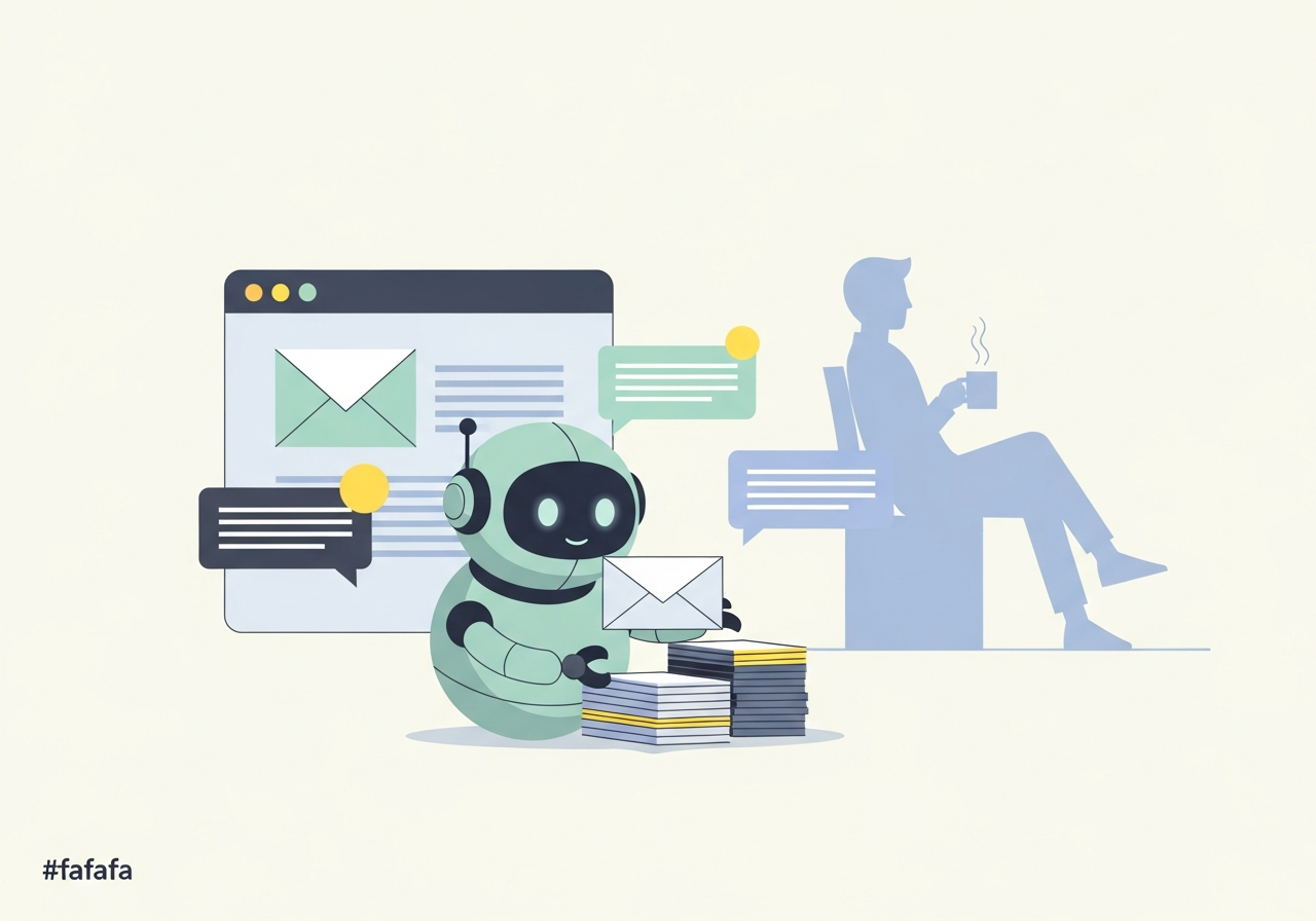 An illustrated robot assistant sorting customer messages into tidy piles in front of an email screen.