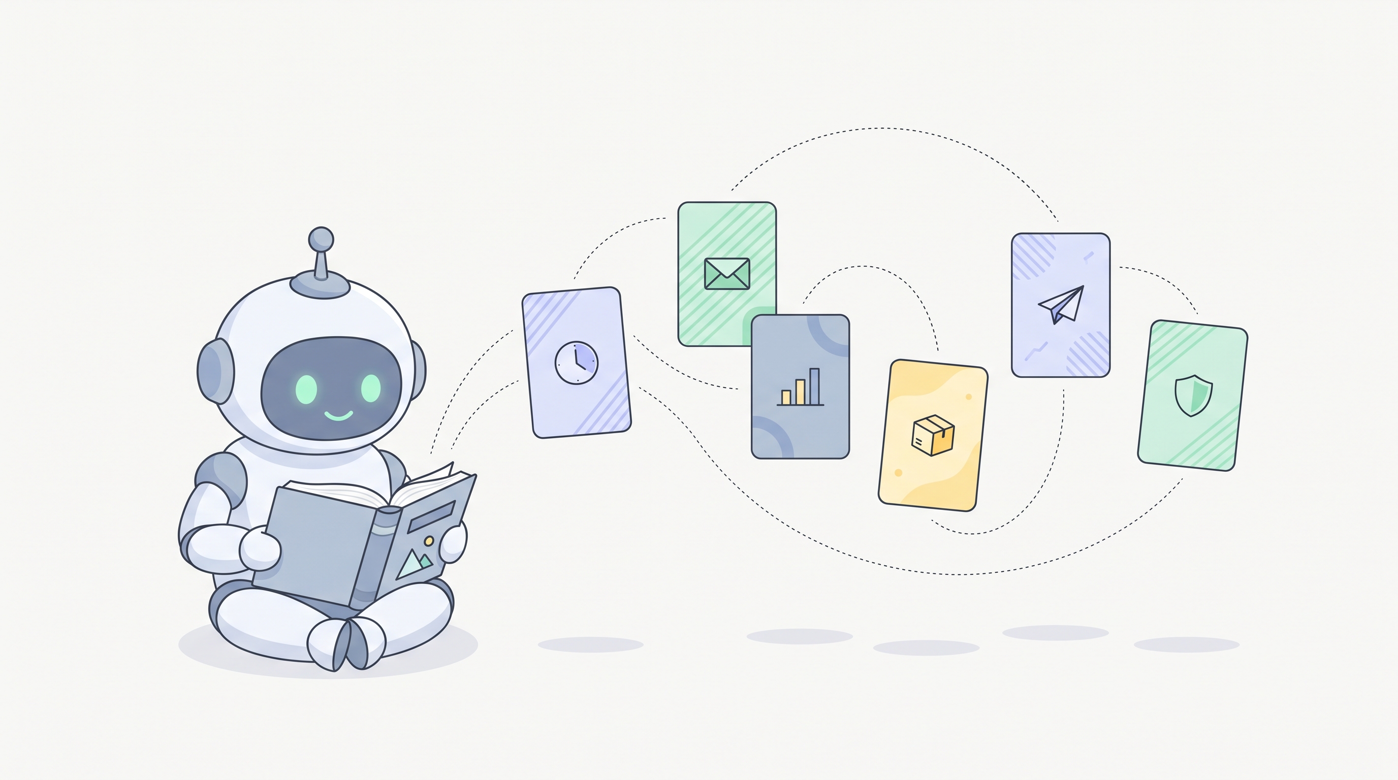 A friendly small round robot character sitting on the floor reading an open field guide, with soft pastel pattern cards floating across the scene.