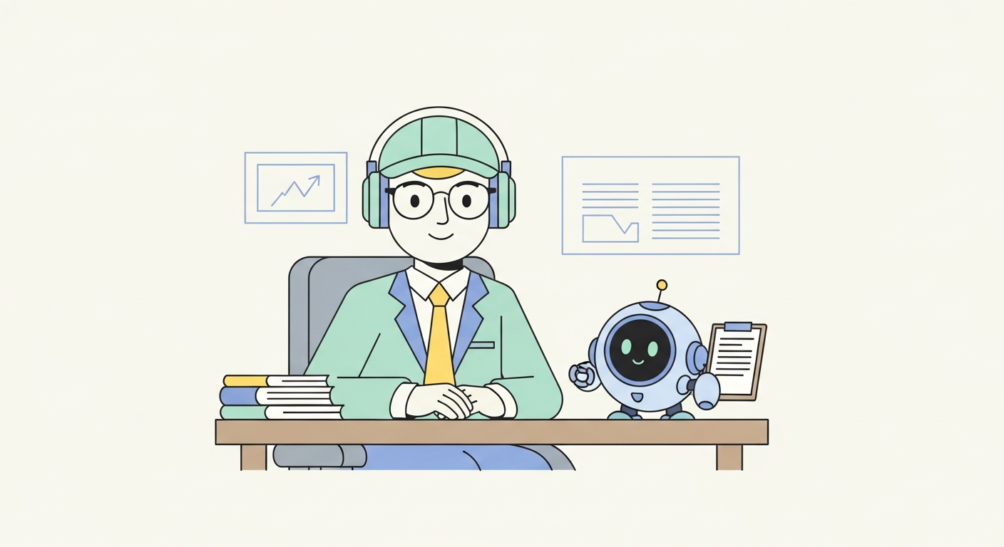 A friendly humanoid character sitting at a desk with a small helpful robot assistant floating beside them.