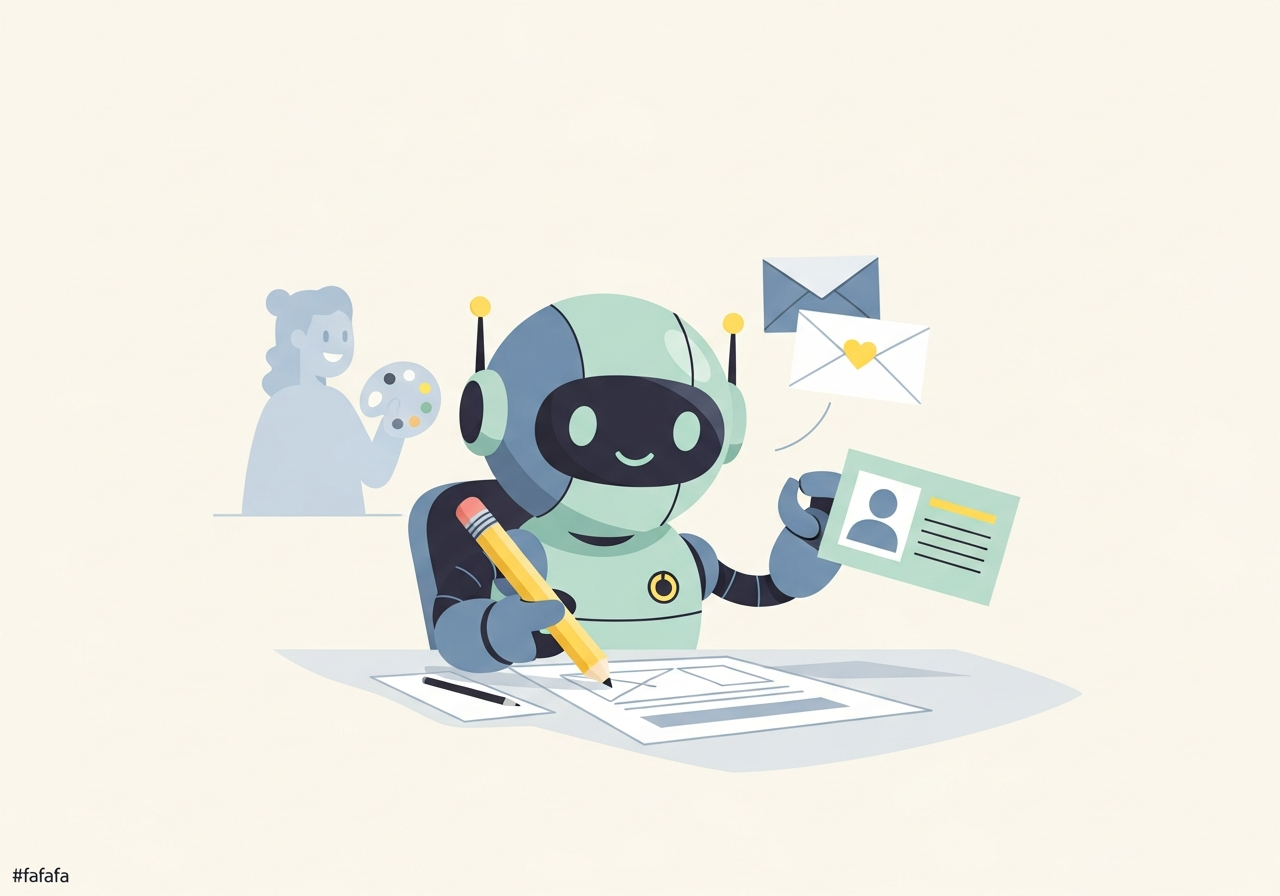 An illustrated robot assistant at a desk drafting a newsletter and social post, with a human watercolouring nearby.