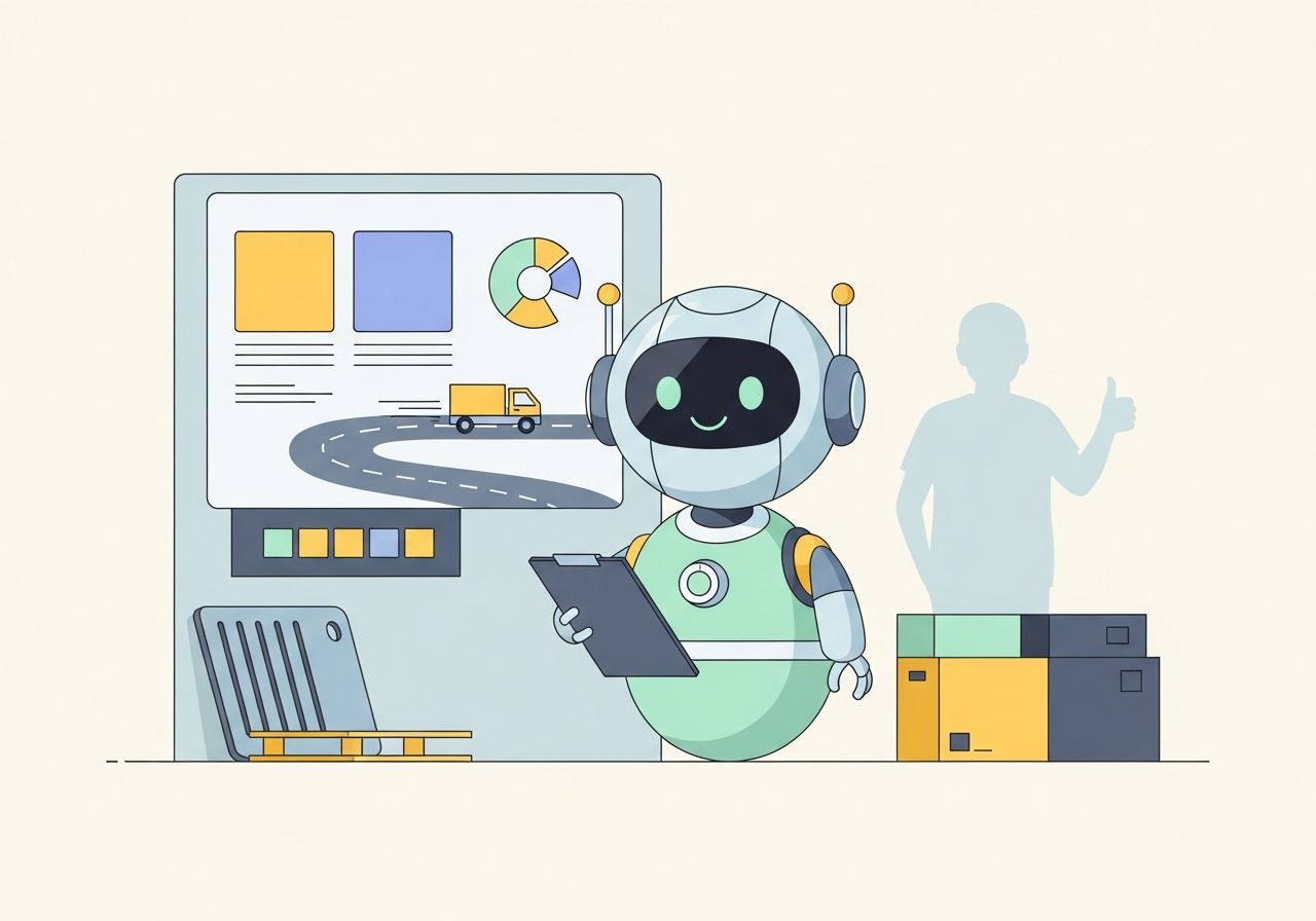 An illustrated robot assistant in front of a wall dashboard with simple charts and a tiny truck moving along a road.