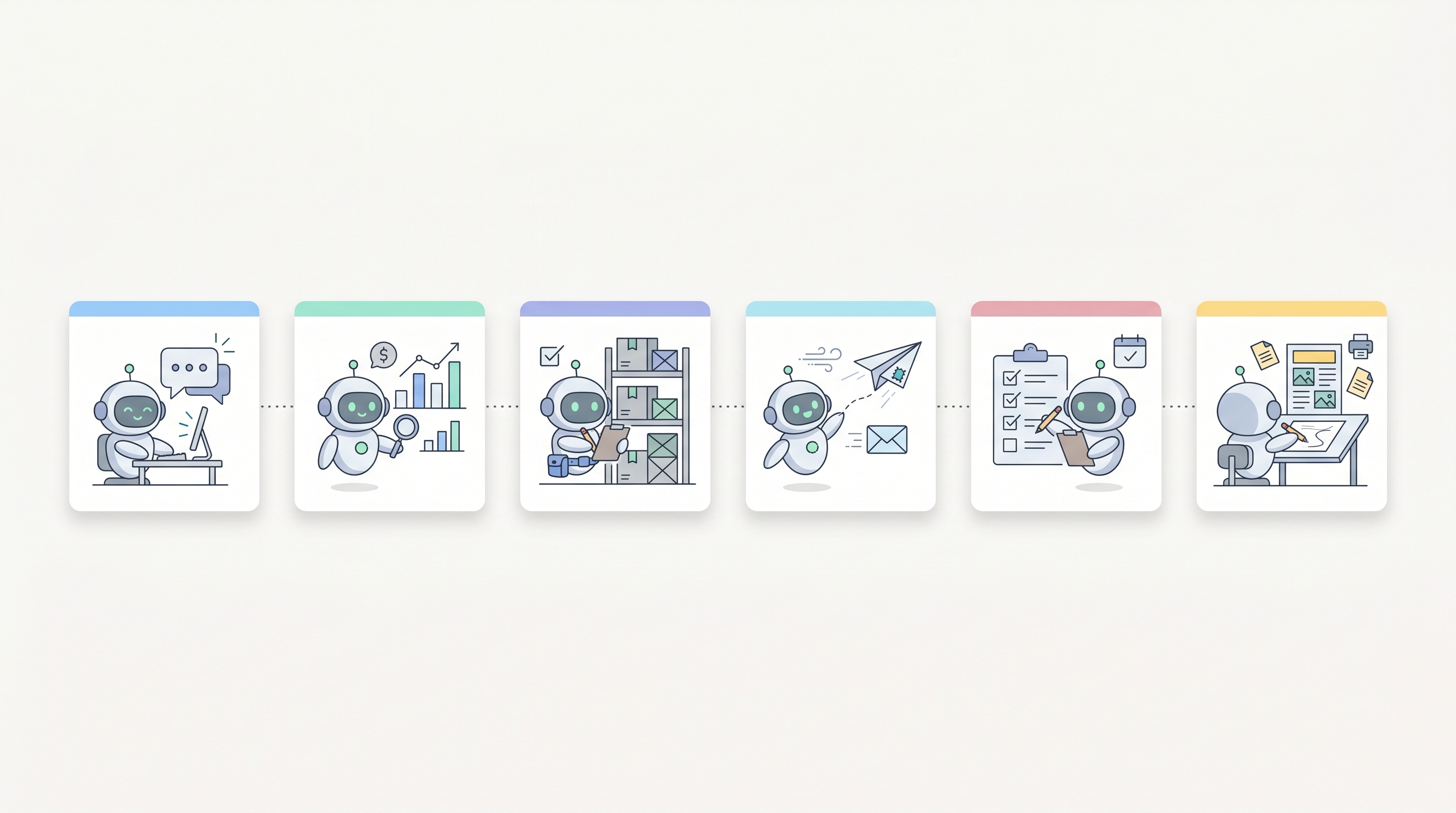 A wide horizontal panorama of six small card vignettes showing the same friendly robot doing different jobs across the business.