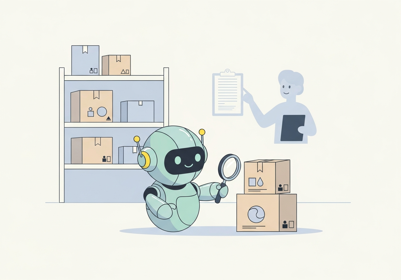 An illustrated robot assistant with a magnifying glass comparing two boxes in front of warehouse shelves.
