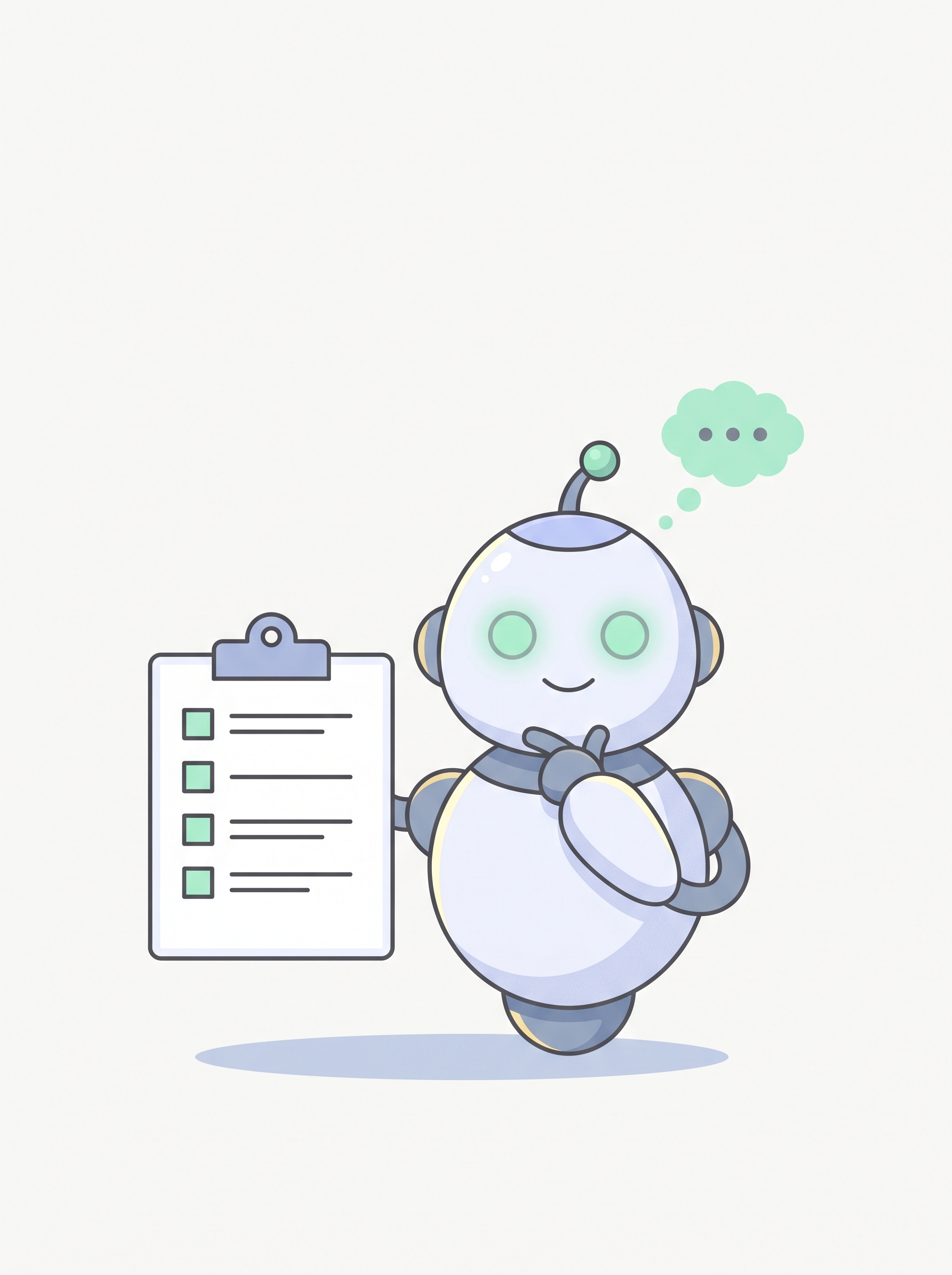 The friendly robot standing tall holding a clipboard with five empty checkboxes, a small mint thought-bubble overhead.