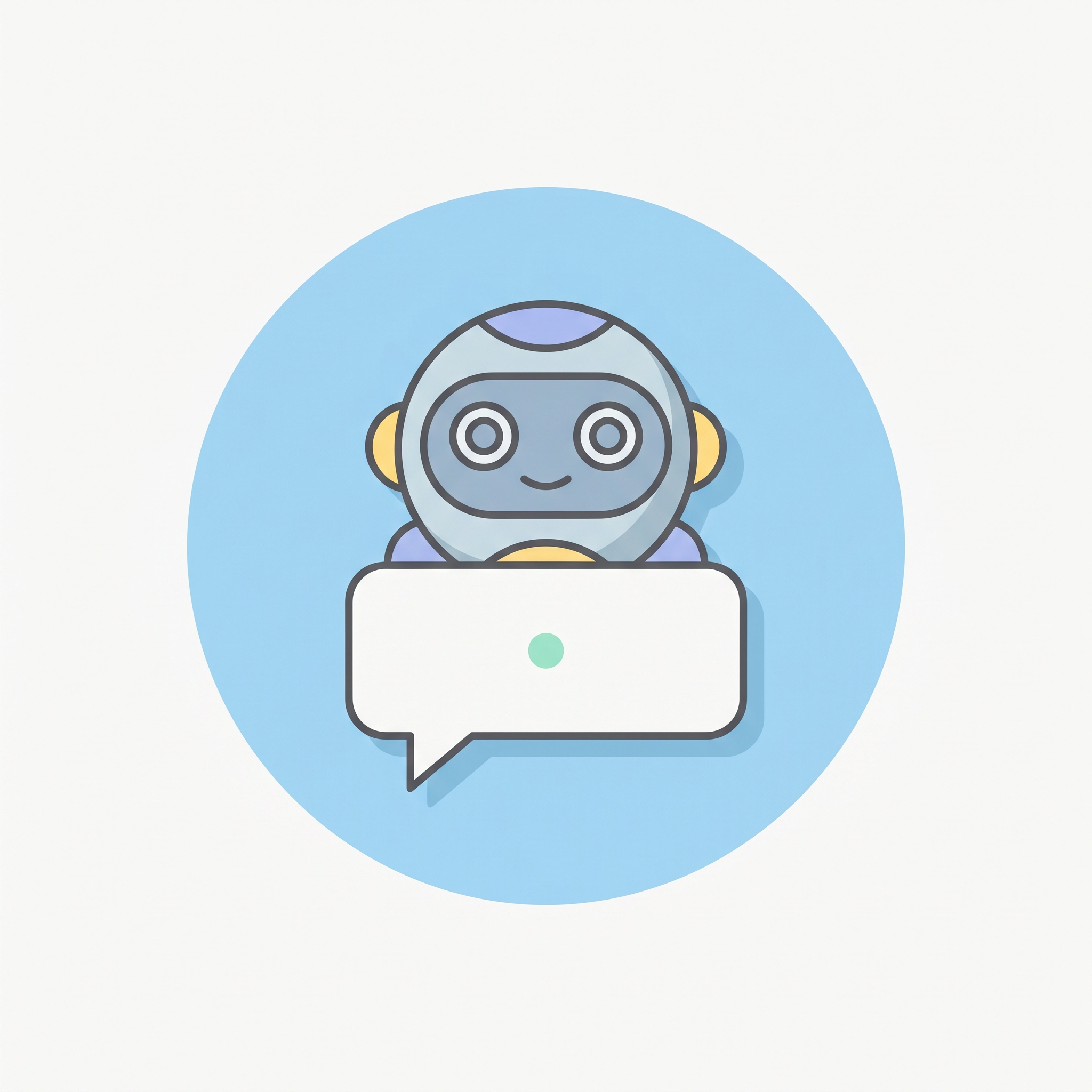 A small round robot peeking from behind a chat bubble in a soft blue badge.