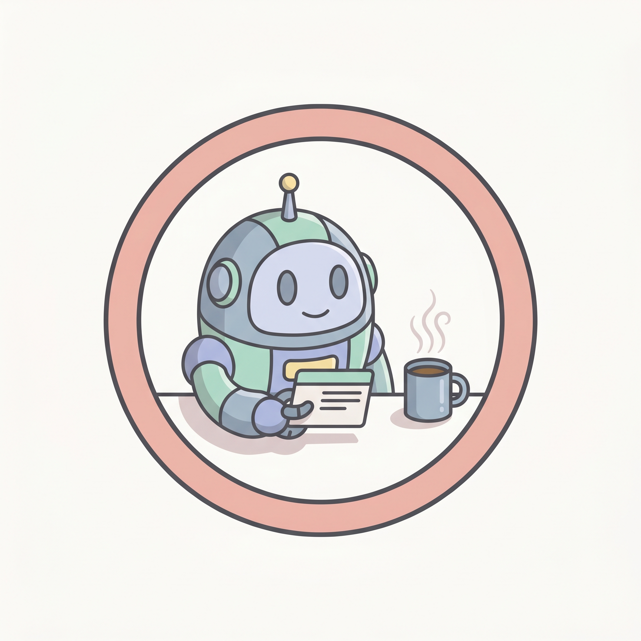 A small round robot beside a coffee mug and a briefing card in a soft peach badge.