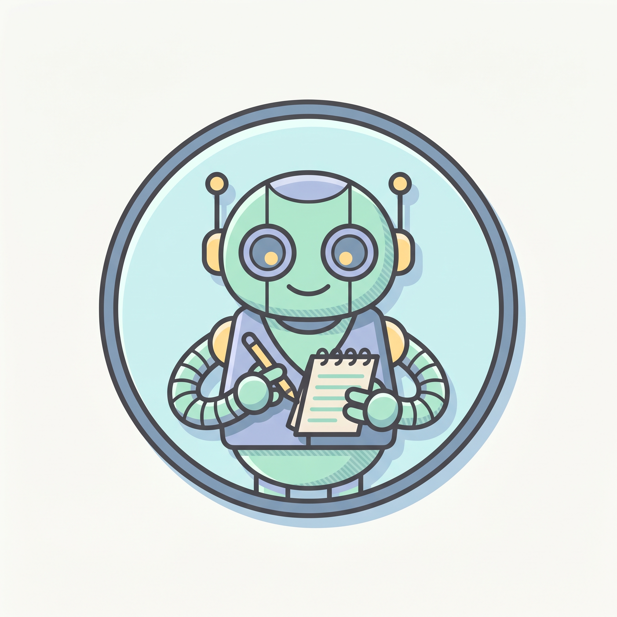 A small round robot writing in a notepad in a soft cyan badge.