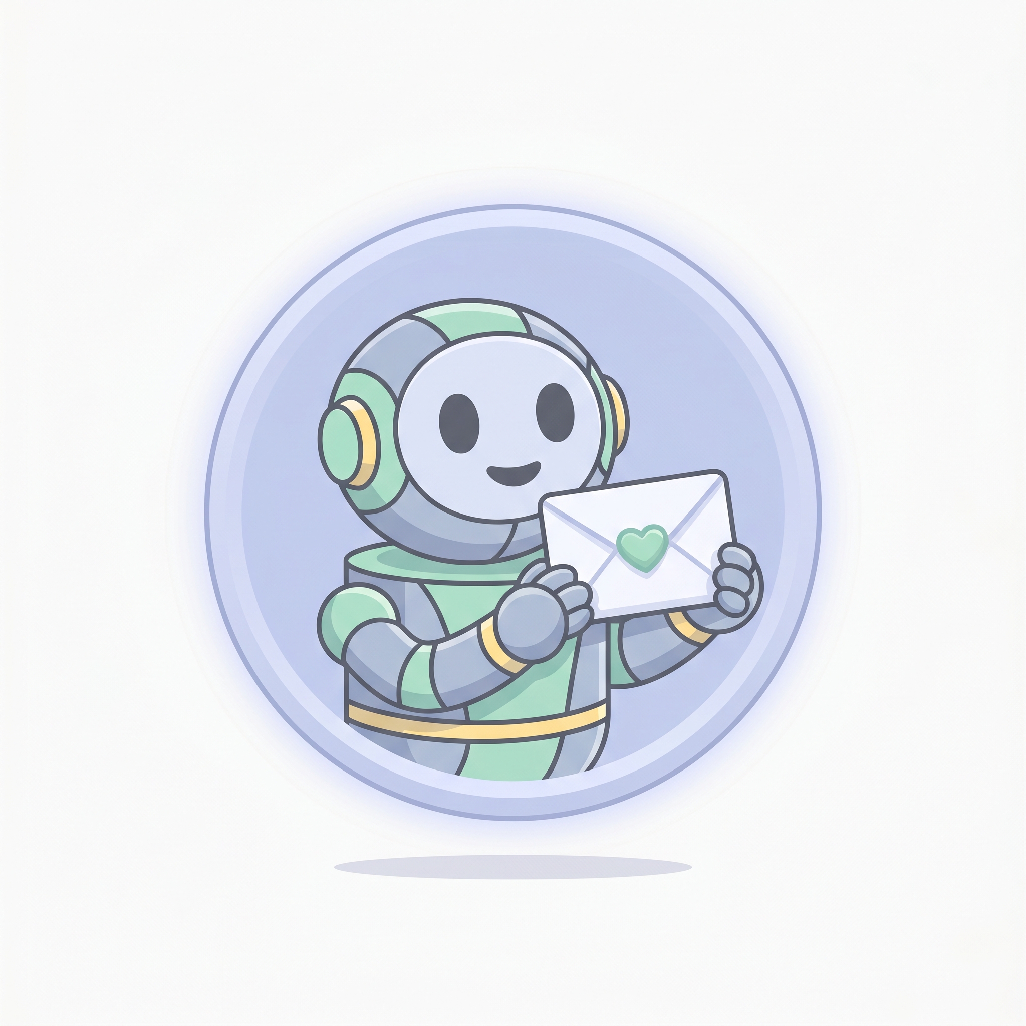 A small round robot holding an envelope in a soft purple badge.