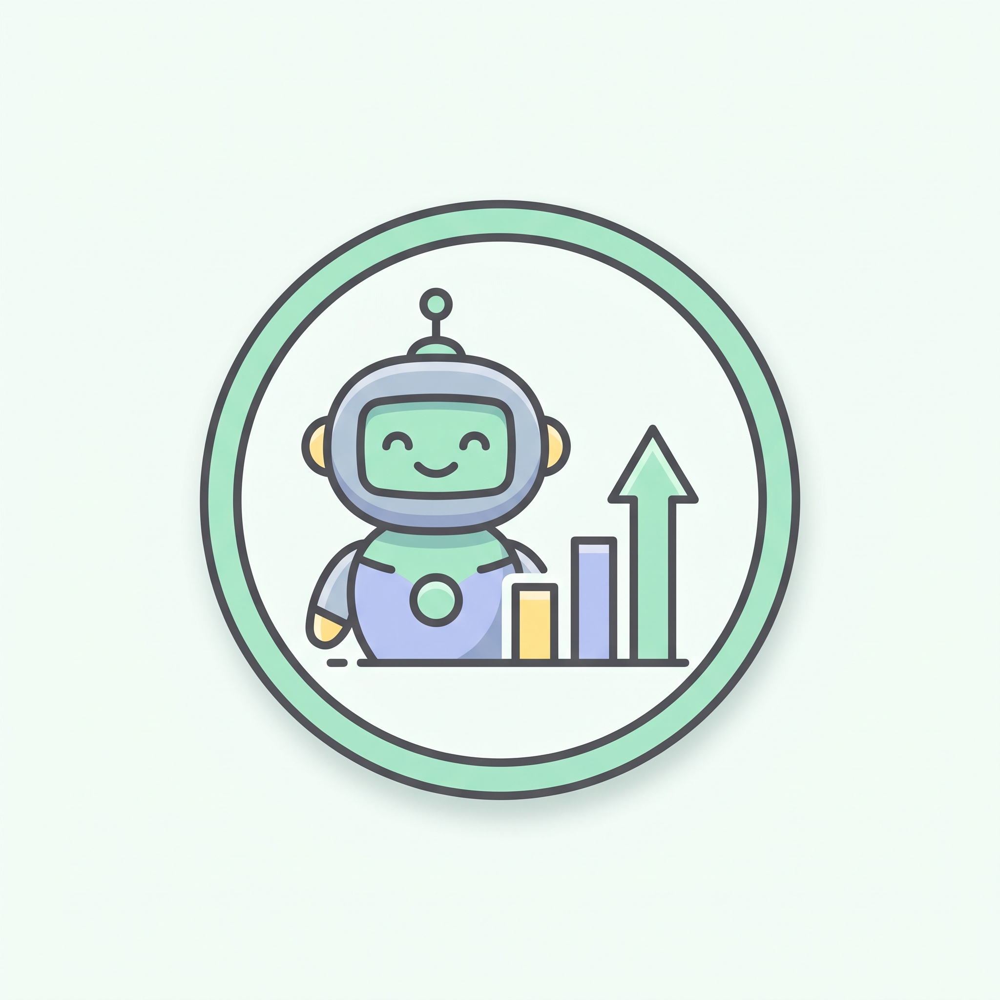 A small round robot beside a tiny bar chart in a soft mint badge.