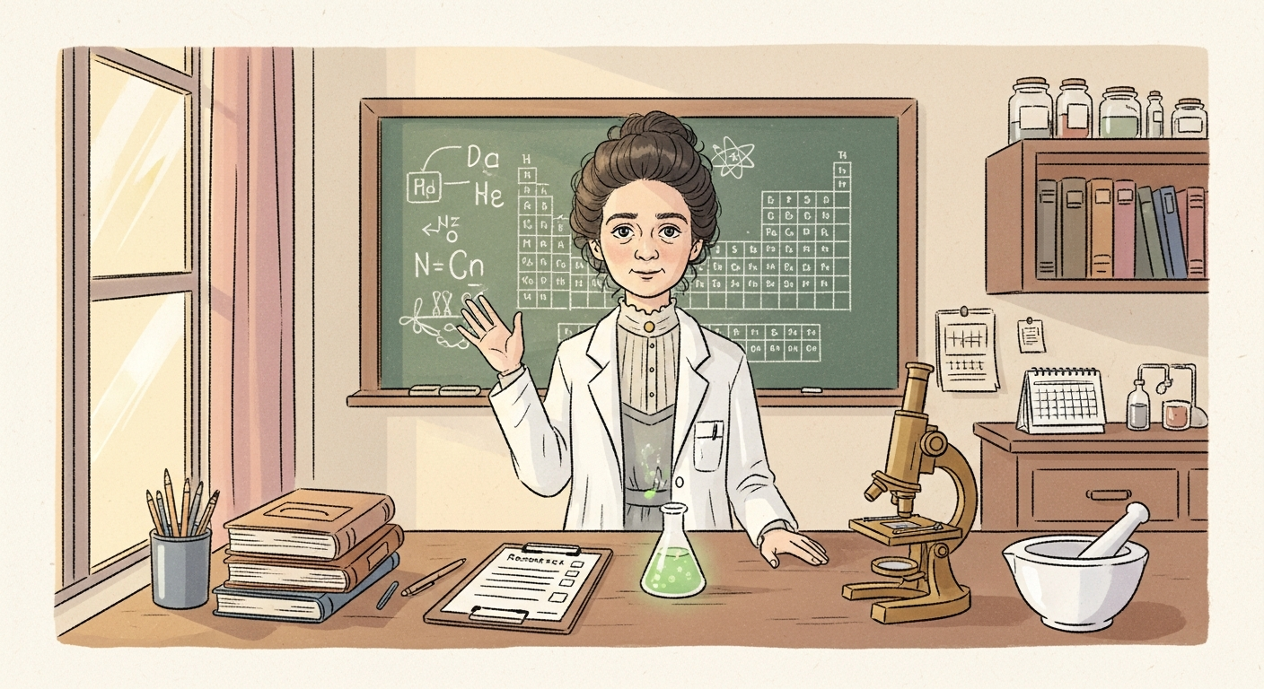 The Research Workshop, illustrated cover with Marie Curie as a friendly approachable scientist guide, standing in a small university laboratory with a clipboard, brass microscope, glass beakers, bound notebooks, a chalkboard with a hand-drawn periodic table behind her.